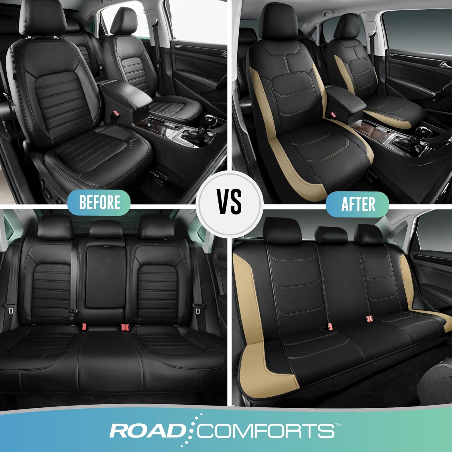 Road Comforts Seat Covers, Premium Leather Car Seat Covers Full Set,Airbag Compatible, Automotive Seat Covers Universal Fit Most Cars,Vans,Truck,SUV, Beige