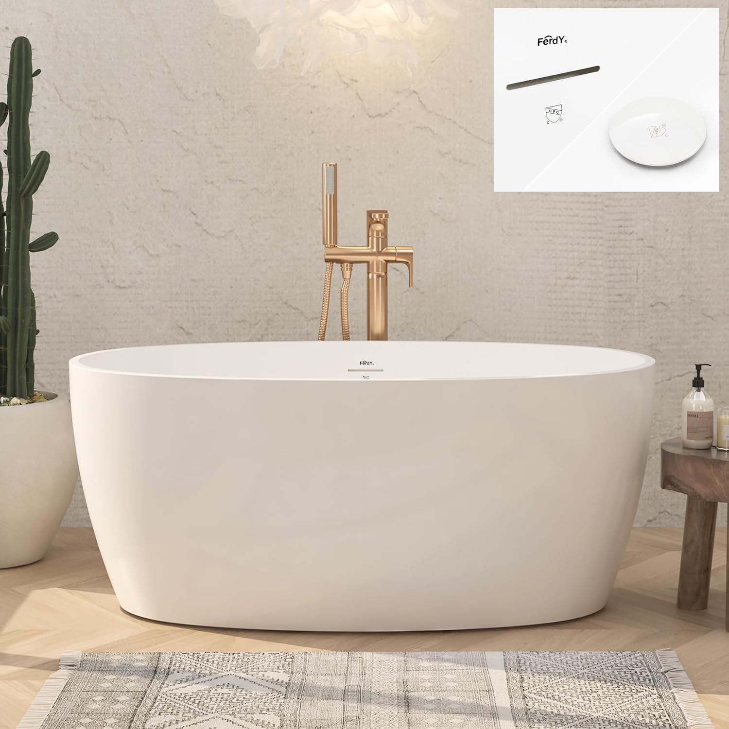 FerdY Tahiti 55" Acrylic Freestanding Bathtub, Elegant Oval Shape Soaking Bathtub, Glossy White, White Drain & Back Scrubber for Shower,Long Handled Loofah on a Stick, Soft PE Mesh Back Sponge