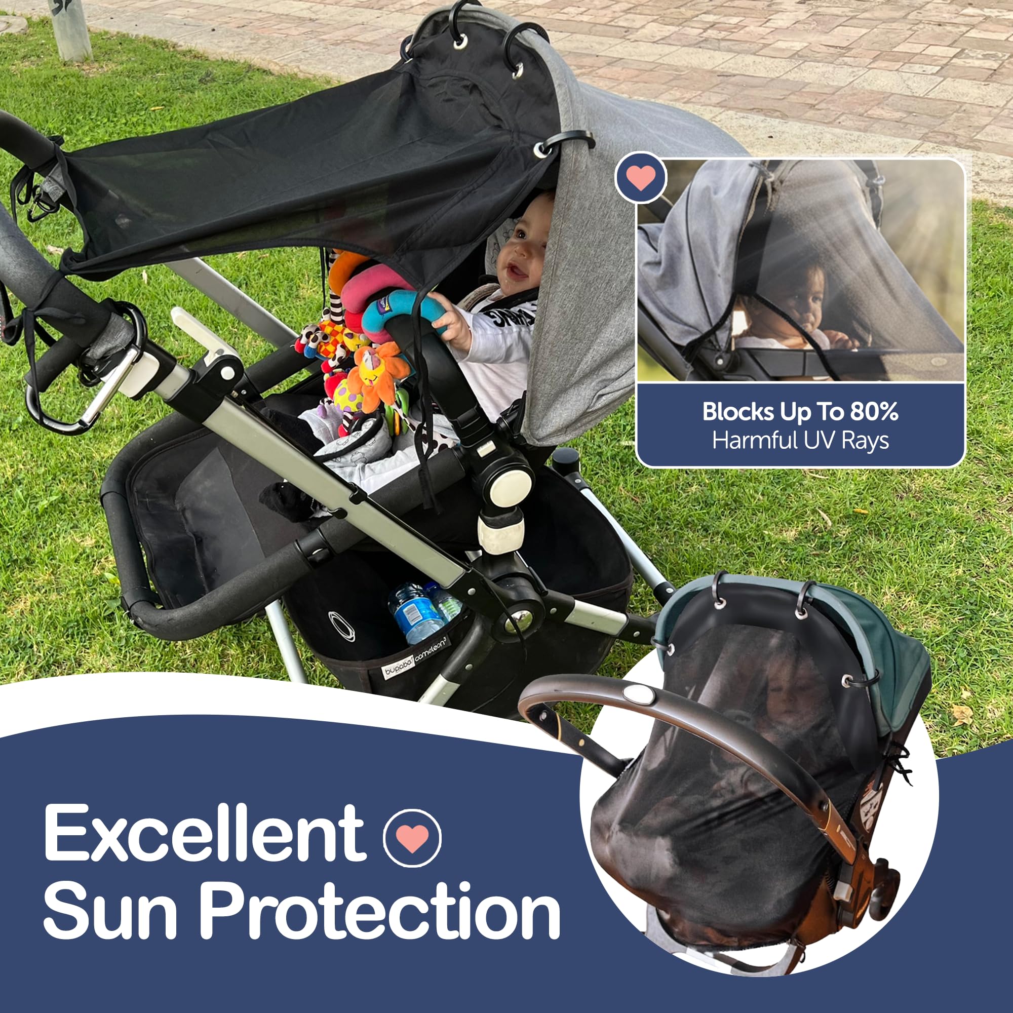 Pare-soleil pour poussette – Housse de protection UV universelle pour poussettes avec transparent, bloque le soleil à clipser, pare-soleil pour bébé, ajustement respirant, réglable, couverture