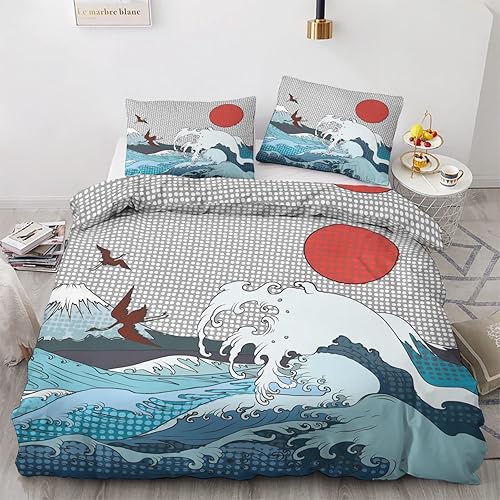 zcwl Funda de edredón japonesa tamaño Queen  Juego de cama asiático oriental  3 piezas  Funda de edredón con patrón de microfibra suave con lazos de