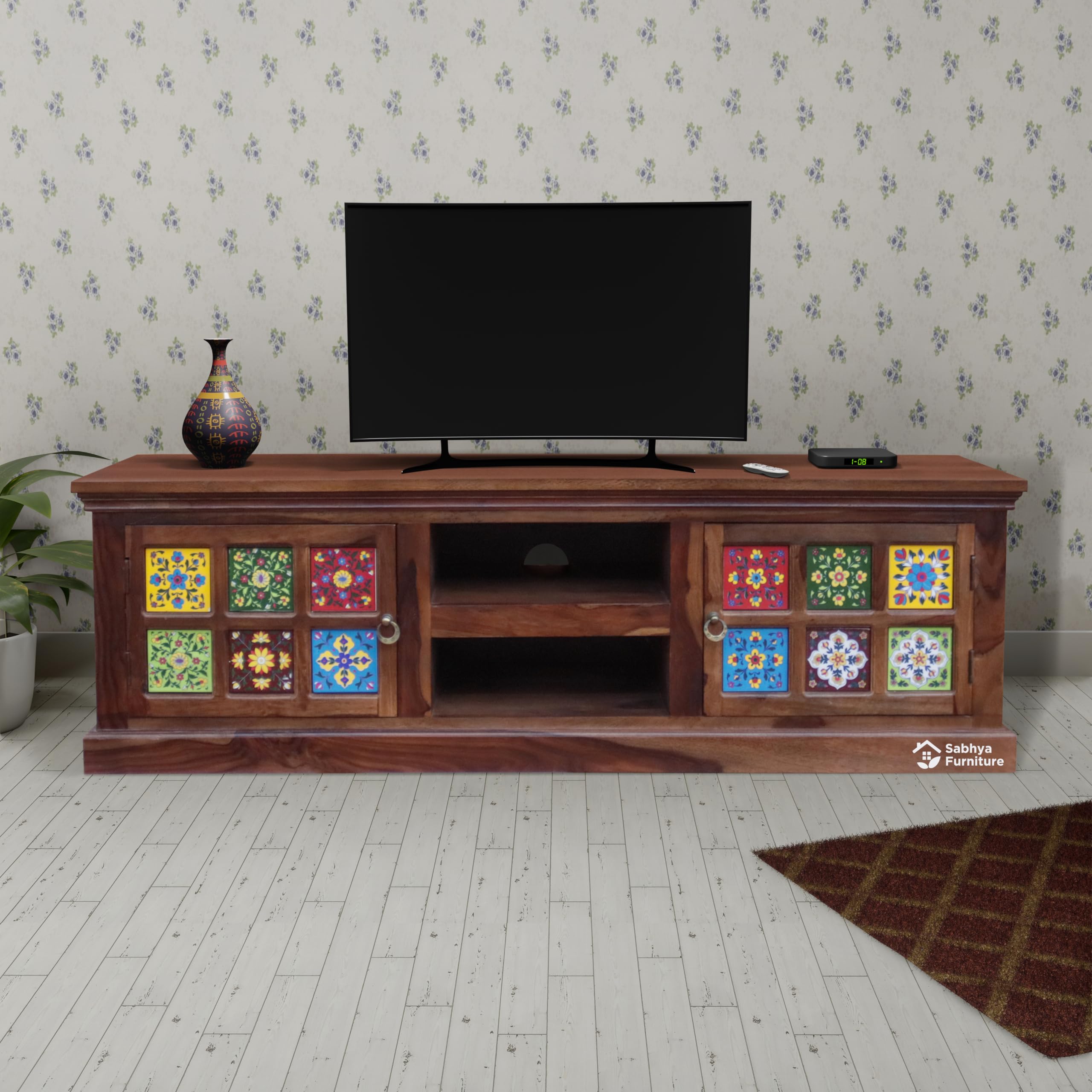 SABHYA FURNITURES Wooden TV Unit for Living Room | Solid Wood TV Cabinet for Bedroom Hall | TV Stand Table with Door & Shelf Storage Sideboard Cabinet (Teak)-image-19