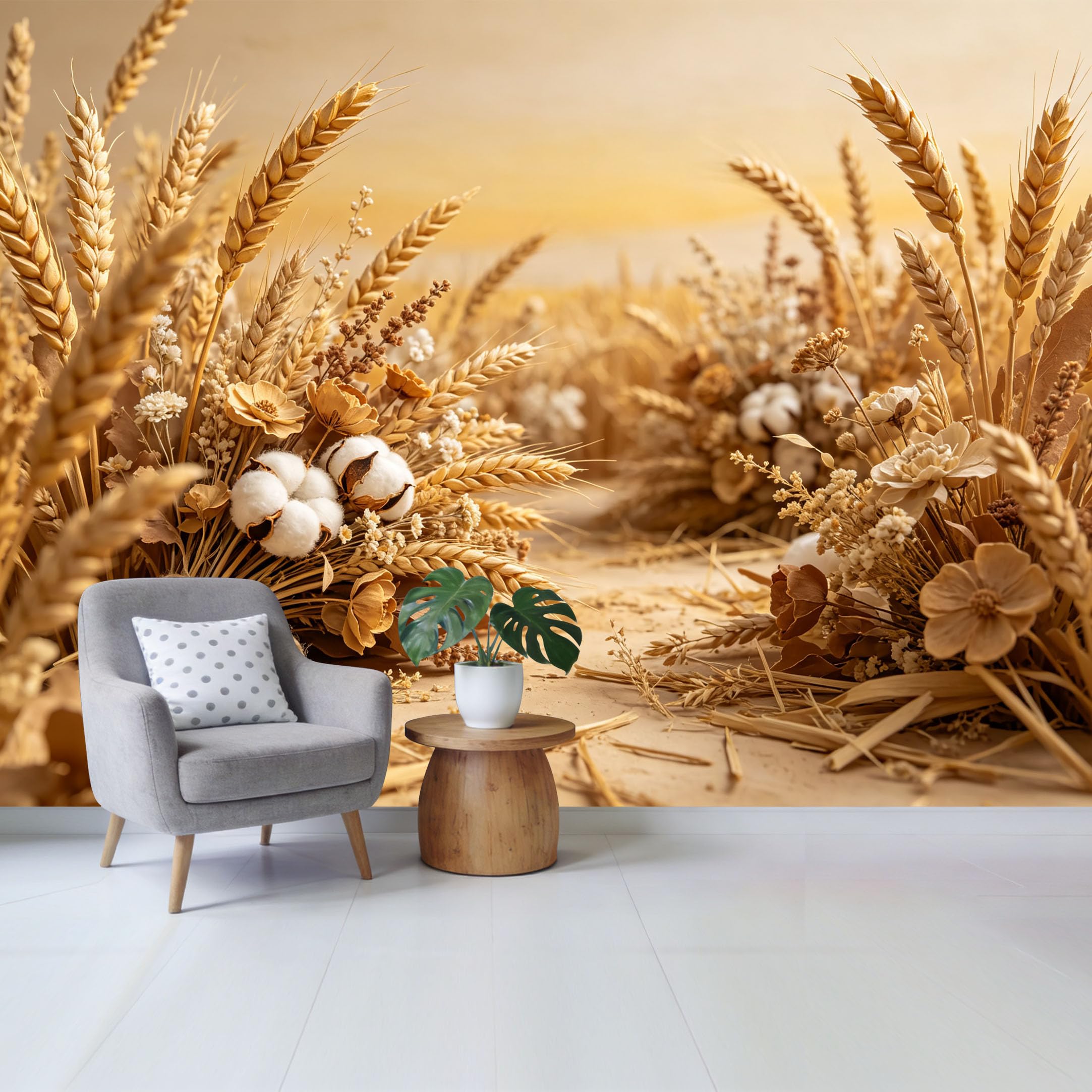Qzlithotic Yq2605250986 Custom Size Wall Mural Golden Wheat Field Dried Flower Cotton Bouquet Farmhouse Country Style Selfadhesive Wall Fabric Removable Wallpaper For Home Office Decor