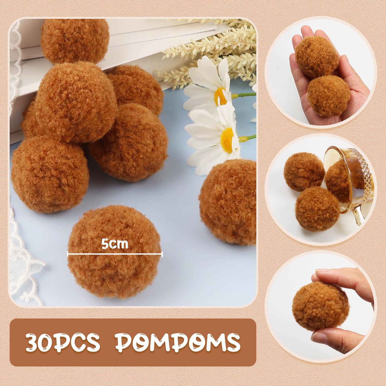 TOAOB 30pcs 5cm Large Pom Poms Balls Brown Fluffy Pompoms for DIY Crafts Decorations - Image 2