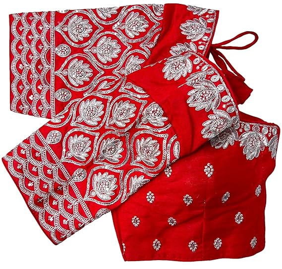 Women's Silk Silver Embroidery Sequins Coding Work Readymade Saree Blouse