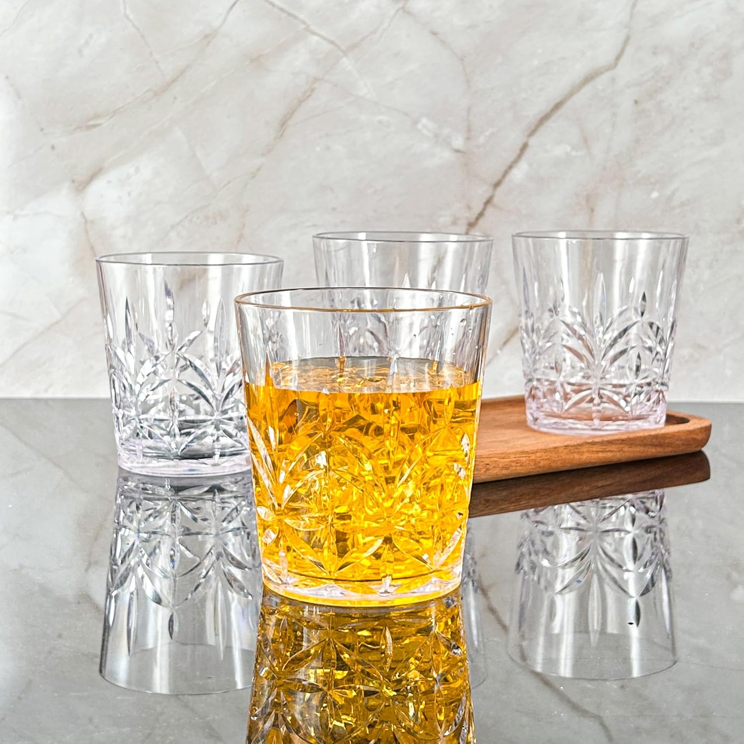 Lily's Home Unbreakable Acrylic Double Old Fashioned Whiskey Tumblers, Drinking Glasses for Liquor,Rum-Premium Shatterproof Glasses, ideal for indoor/outdoor,are reusable & crystal clear-13oz Set of 4