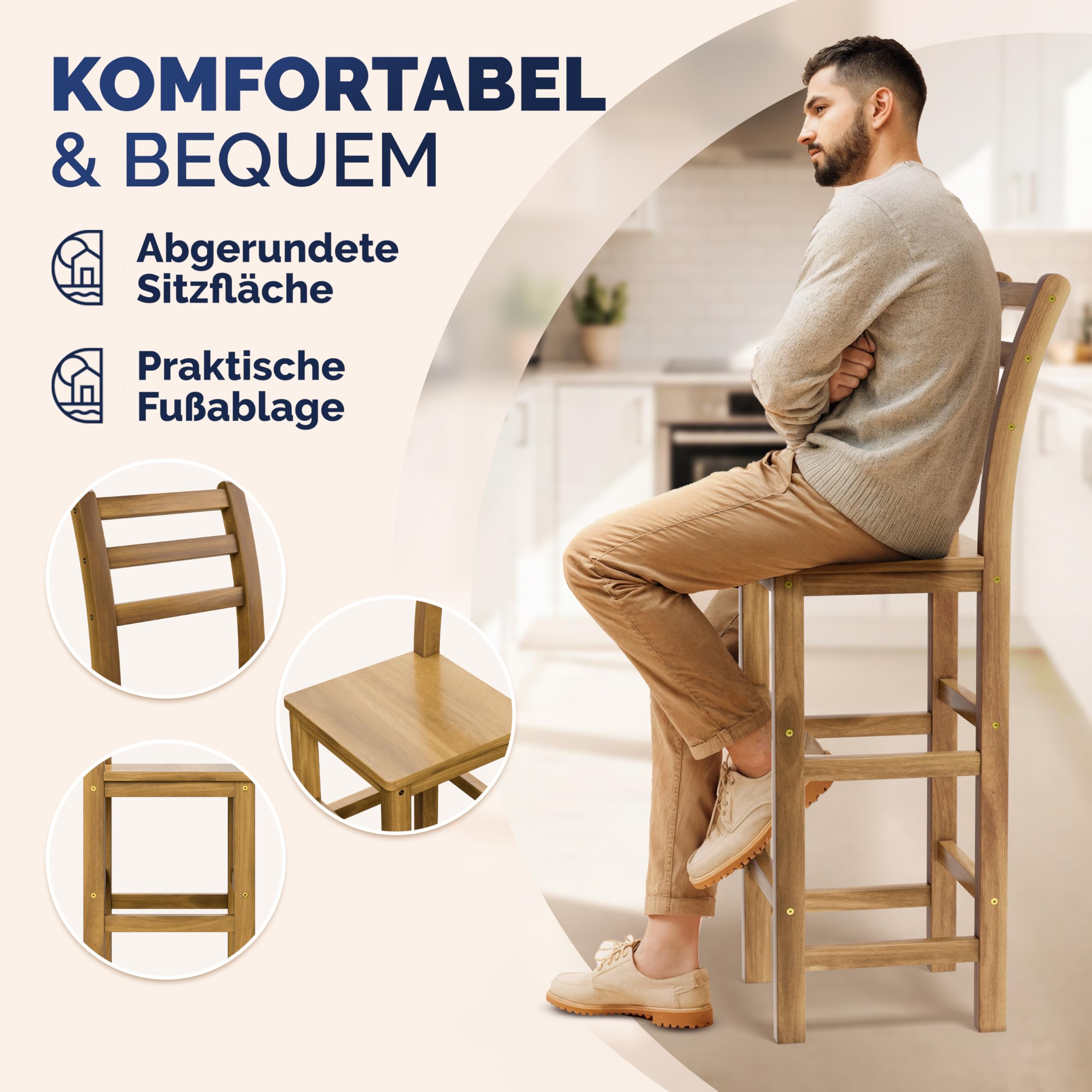 Casaria® Set 4 Sgabelli Rustici in Legno con Schienale per Esterno 75cm con Poggiapiedi Sgabello Bar Giardino Cucina