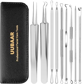 UUBAAR 9PCS Blackhead Remover Kit - Professional Stainless Steel Pimple Popper Tools, Comedone Extractor & Tweezers with Leather Case for Acne Zit Removal