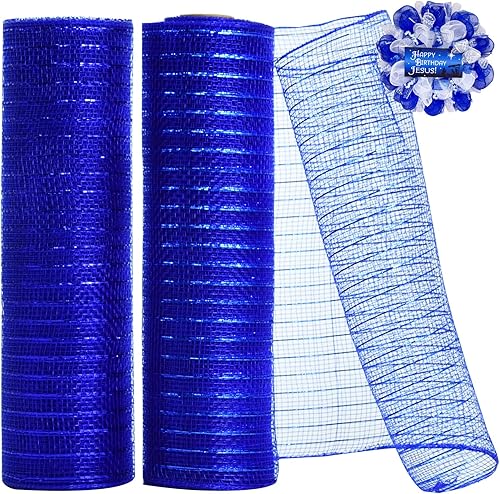 TONIFUL 2 rollos de cinta de malla decorativa azul real de 10 pulgadas, malla de tela con papel de aluminio para suministros de corona de malla,