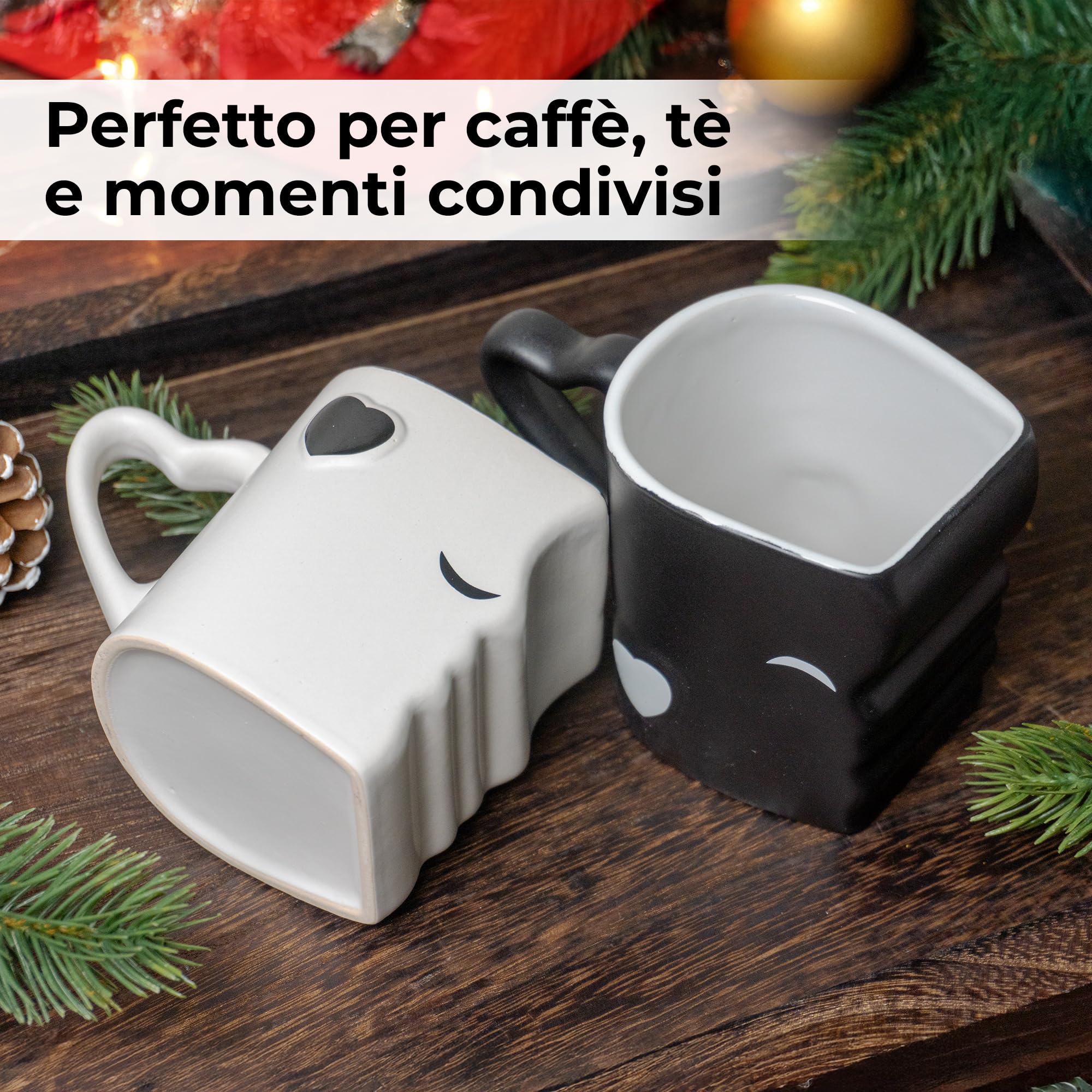 MIAMIO Kissing mugs, Set di tazze da caffè in ceramica, dal design che simula un bacio, in confezione regalo (nero)