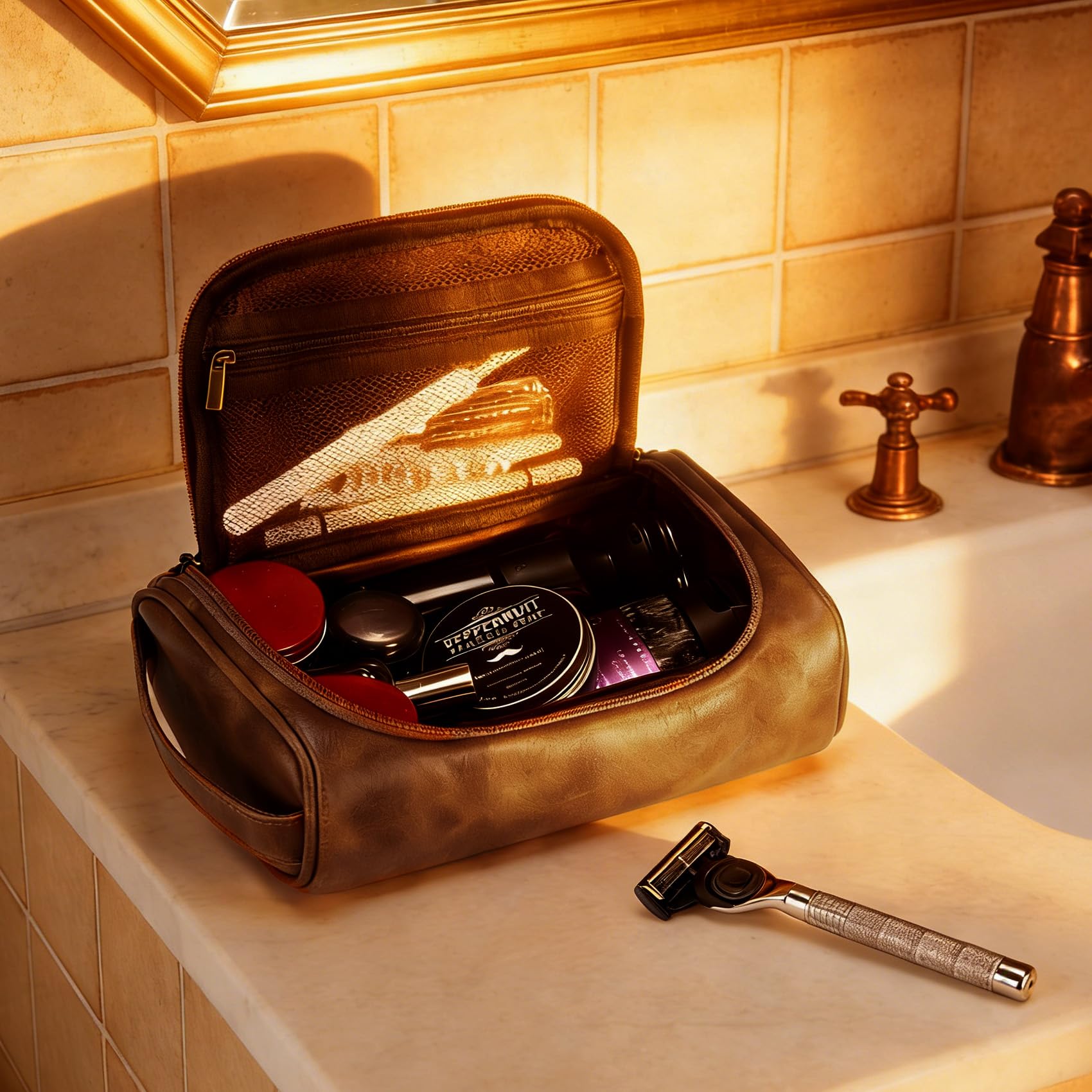 Borsa da toilette personalizzata in pelle PU impermeabile per uomo lui, iniziali personalizzate borsa da barba da uomo accessori essenziali da viaggio laureati regalo di laurea marrone chiaro L