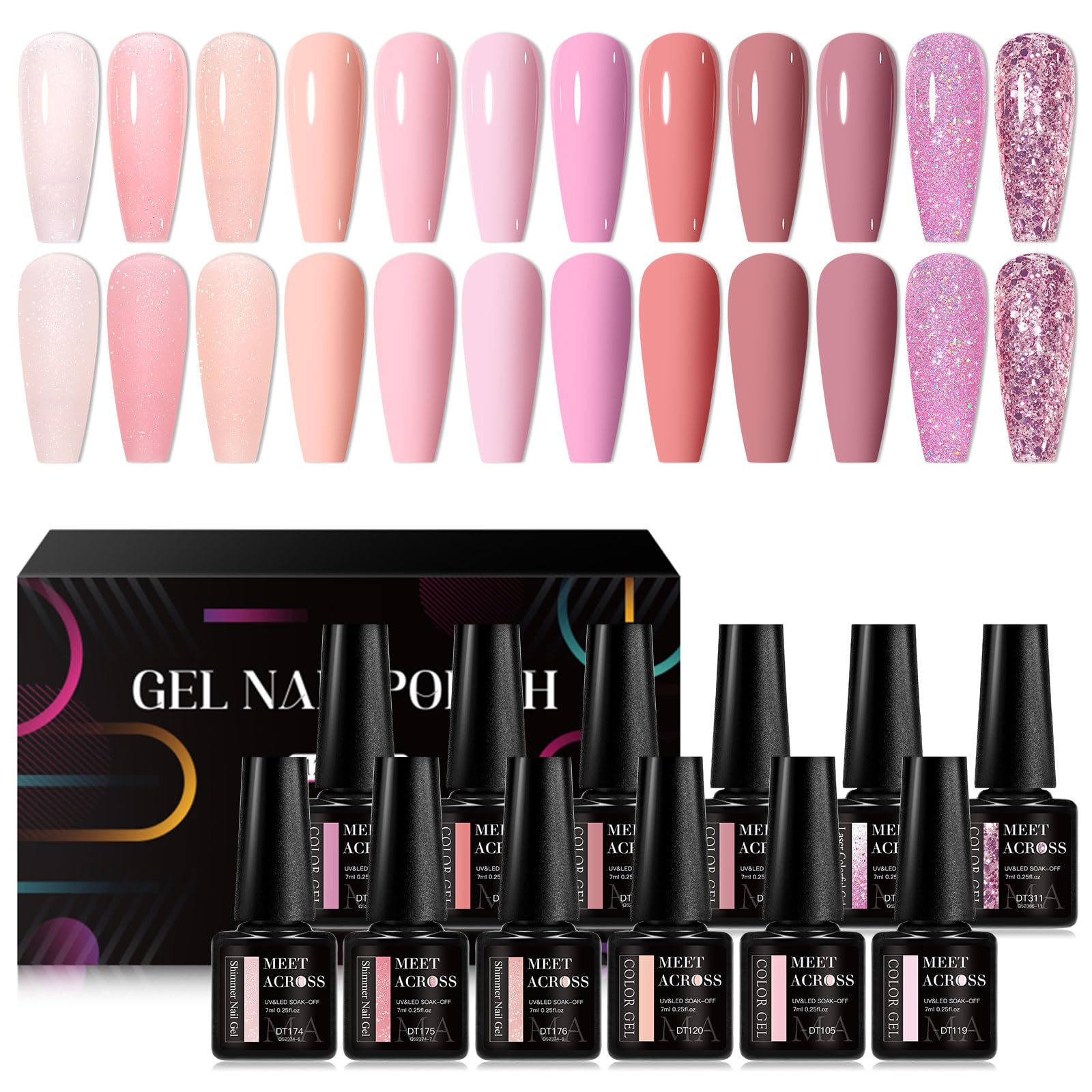 MEET ACROSS Pink Gel Nail Polish Kit, Popular Color Nude Glitter Nail Gel Suitable For All Seasons Gel Polish Soak Off UV LED Semi-Permanent Varnish