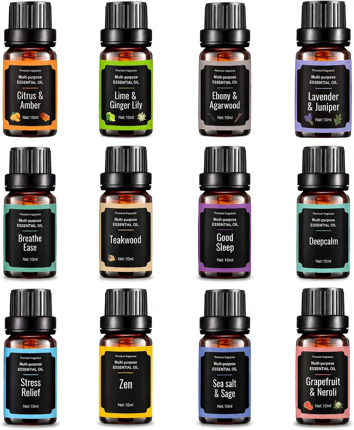 12 x 10ml Essential Oils Set for Diffusers, Home Fragrance and DIY