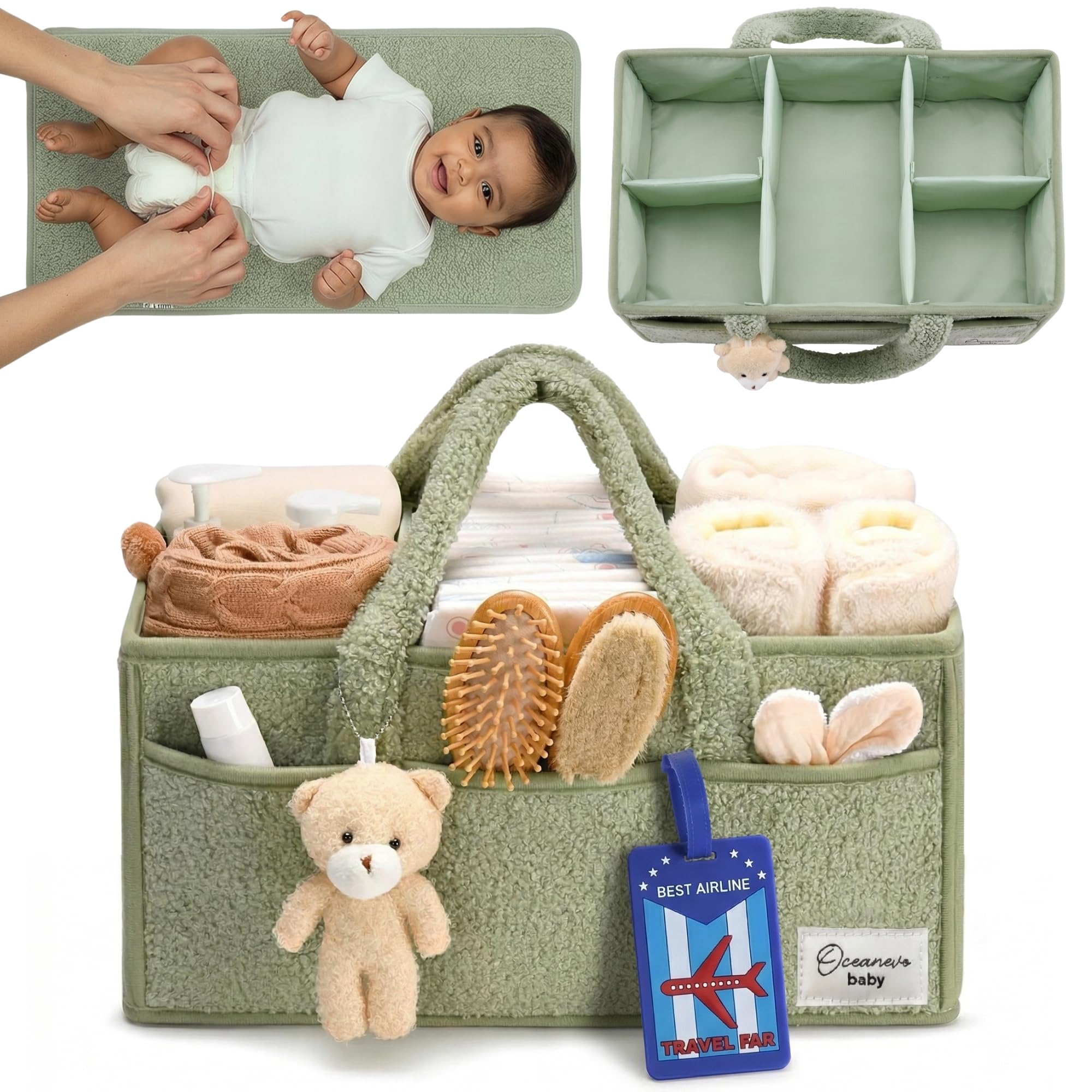 OCEANEVO Fur Diaper Caddy Organizer Bag | WITH Diaper Changing Mat, Bag Charm and Luggage Tag | New Born Baby Essentials | For Mothers for Travel - 38 x 25 x 18 cm - Green - 1 Year Warranty-image-19