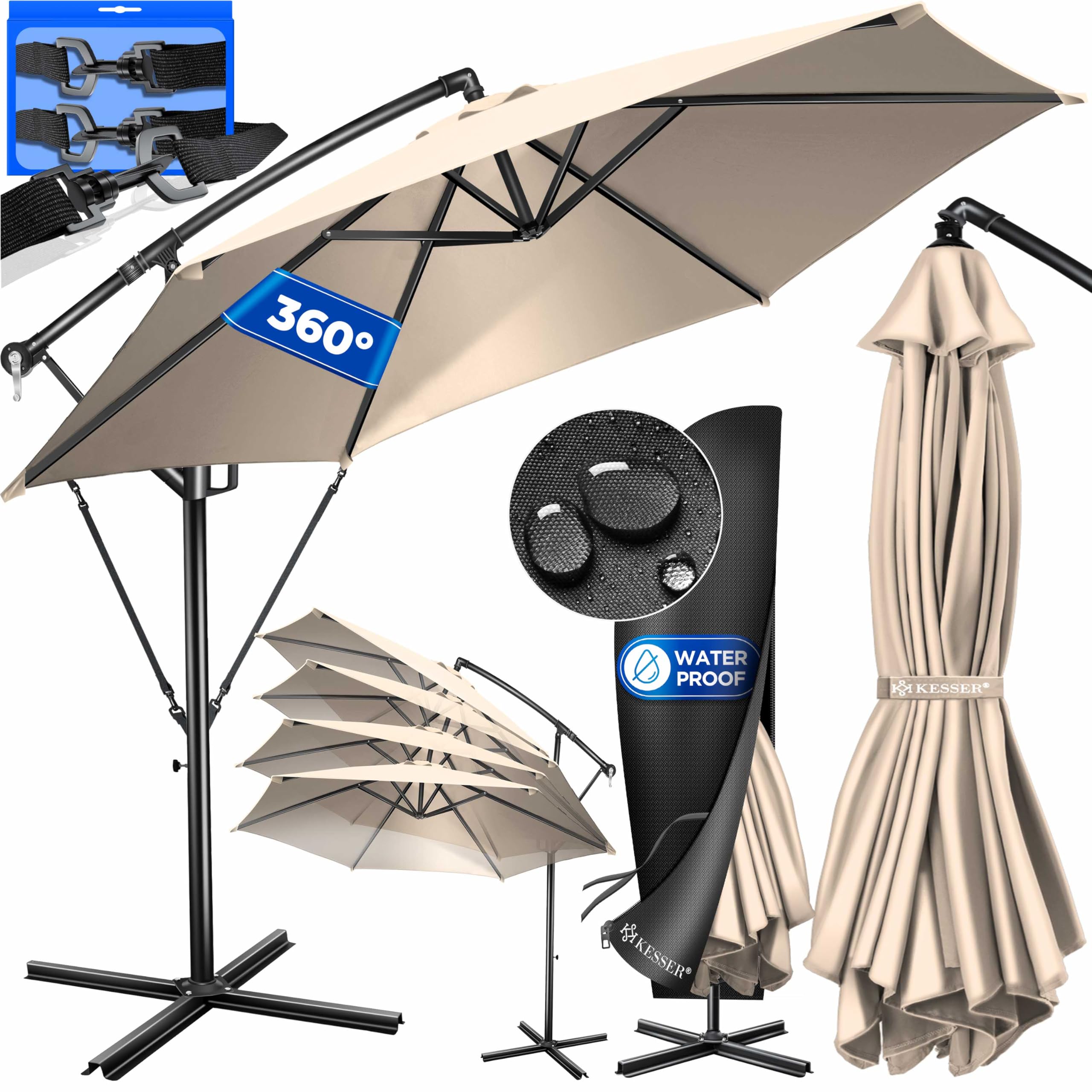 KESSER® Sombrilla + Funda Ø300 cm / Ø350 cm con mecanismo de manivela, Sombrilla de manivela con soporte, Protección UV Aluminio Funda repelente al agua - Sombrilla de jardín