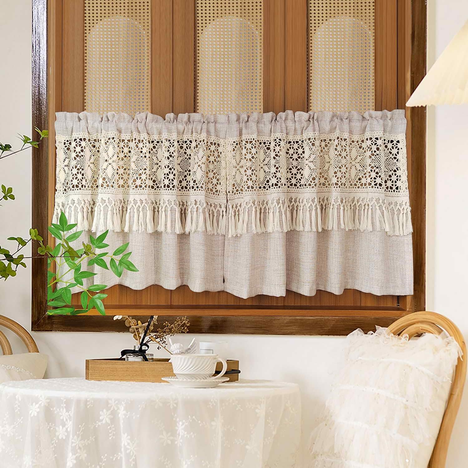 Gxi Beige Hollow Crochet Splice Cotton Tassel Kitchen Curtain Short Farmhouse Curtain Window Treatment Tiers Rod Pocket Valances for Basement Bathroom Living Room, 2 Panels 59'' W x 35