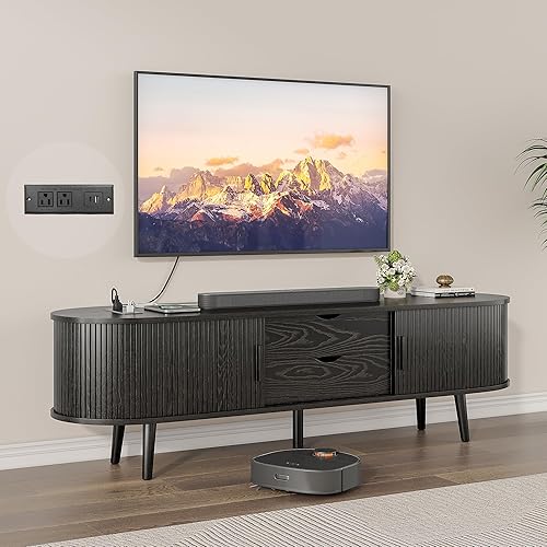 Miniatura 10 de Soporte de TV de mediados de siglo de 69 pulgadas para televisores de 55 a 80 pulgadas, moderno centro de entretenimiento con puertas correderas y