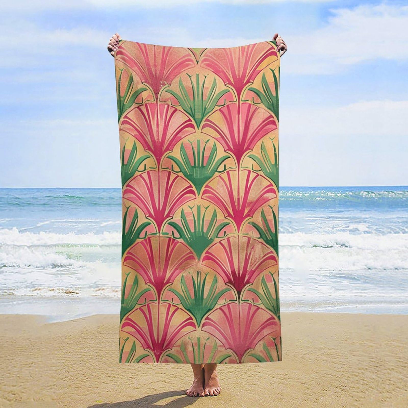 NTVOWPZO Peach and Green Pattern Beach Towel Oversized Microfiber Bath Towels Lightweight Sand Proof Beach Towels Absorbent Pool Towels for Swimming Yoga Bathroom Towel 31.5" X 63"