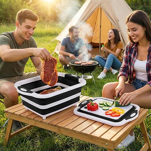 Miniatura 2 de Tina plegable para preparación de barbacoa con tapa, fregadero de campamento plegable con colador, tabla de cortar, lavabo para cocina, cuenco,