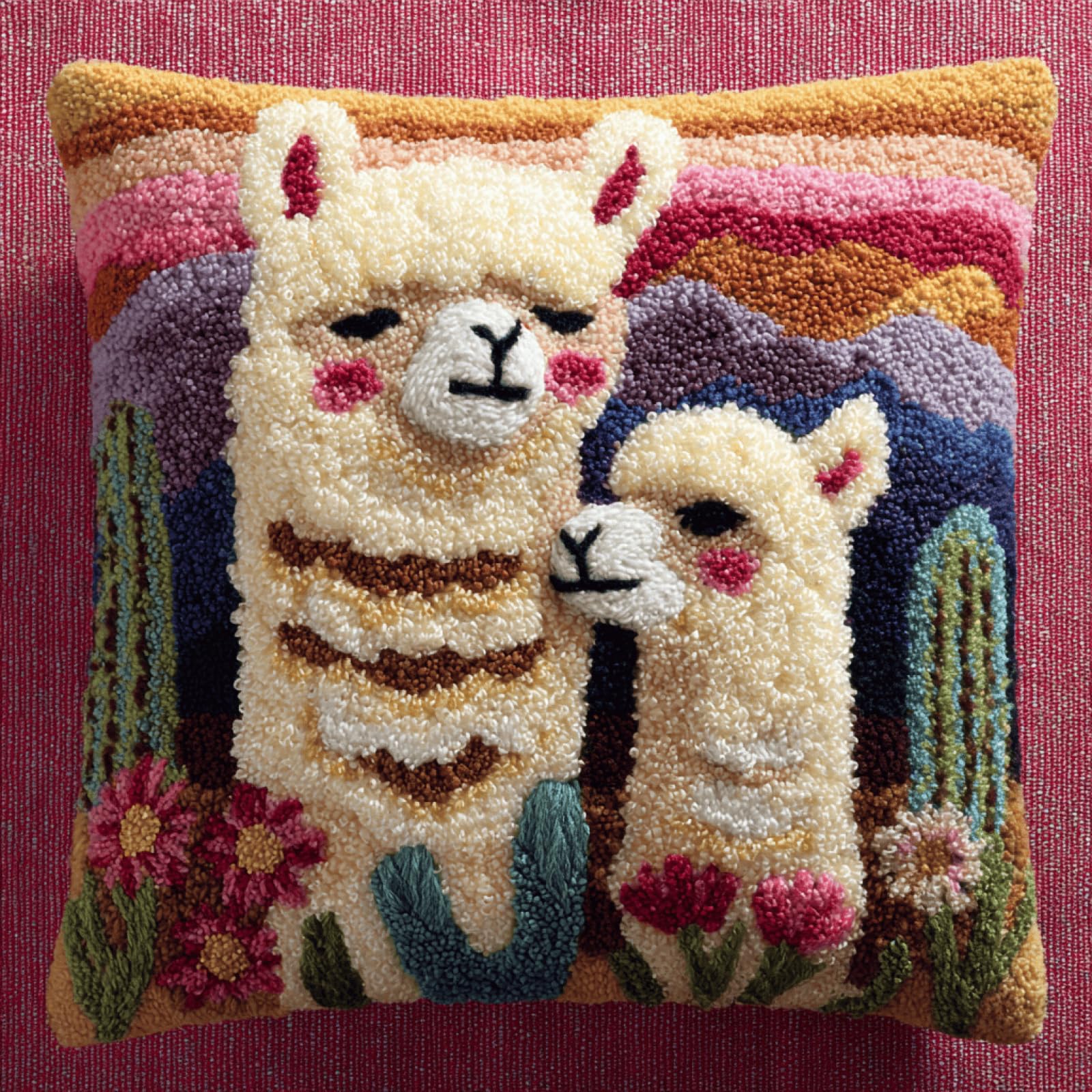 XDEGHUANGSS Alpaca Mother and Child Latch Hook Cushion Kit for Beginners - DIY Handmade Pillowcase Sofa Cushion Cover, Home Decoration Yarn Craft Gift Set,43x43 cm