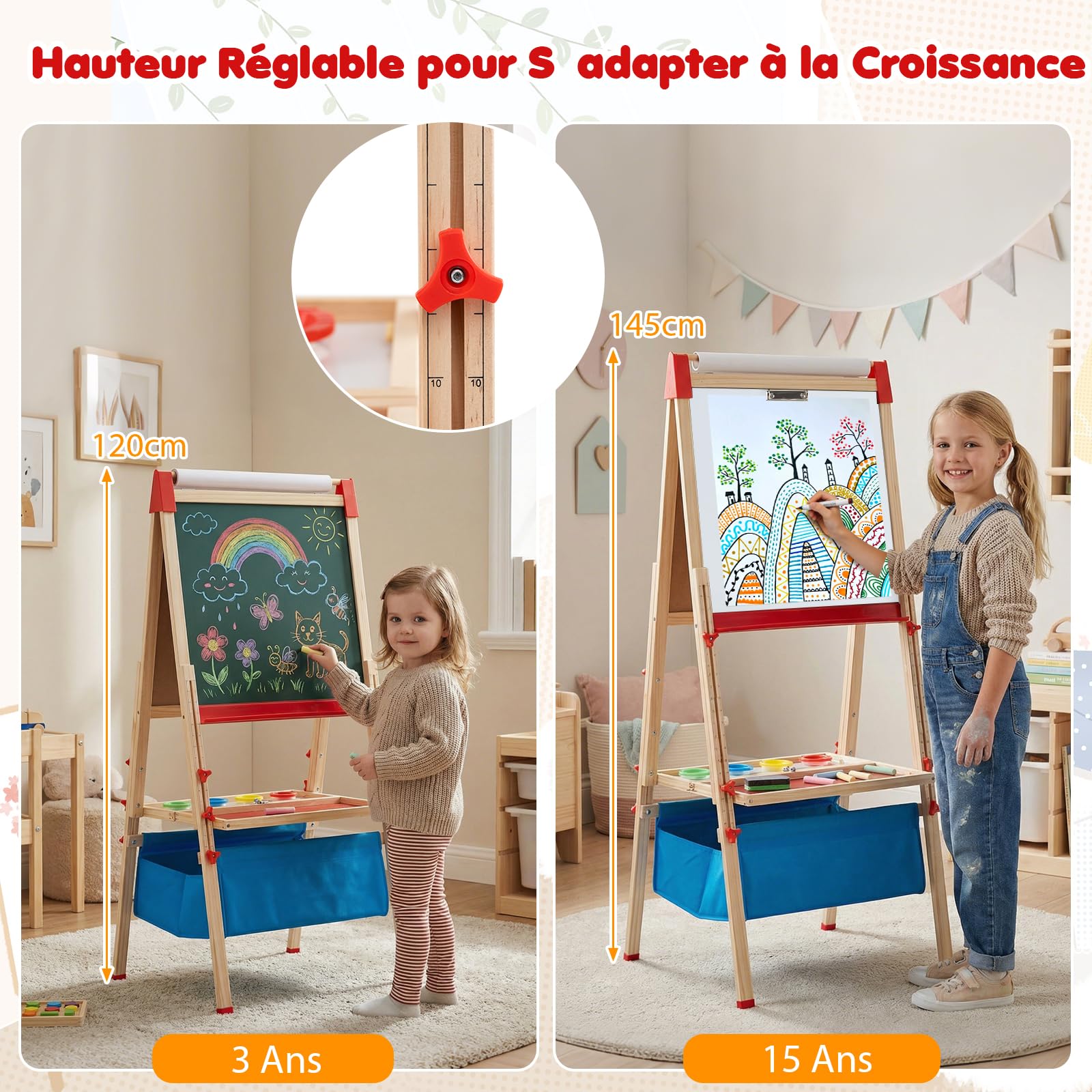 GOPLUS Tableau Enfant Double Face, 3 en 1 Chavalet Enfant avec Tableau Blanc/Noir Magnétiques à Hauteur Réglable avec Rouleau de Papier, Chevalet en Bois pour Garçons et Filles de 3-15 Ans