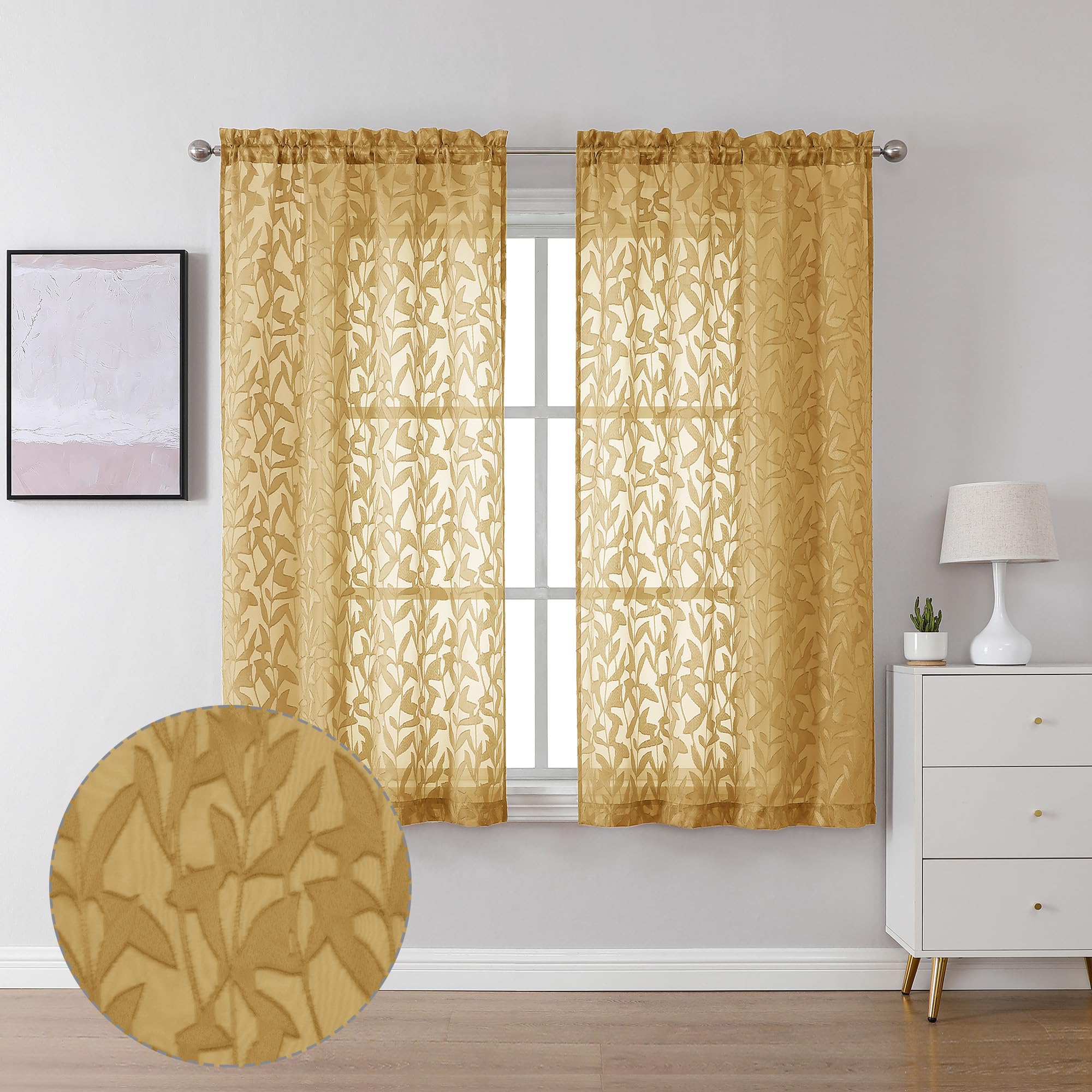 Lecloud Leia Sheer Curtains, 2 Panels, Light-Reducing, Jacquard Voile with Leaf Pattern, Bedroom, Ultra Sheer Curtains with Double Rod Pocket, 101.6 cm W x 137.2 cm H, Dark Gold โ image 1