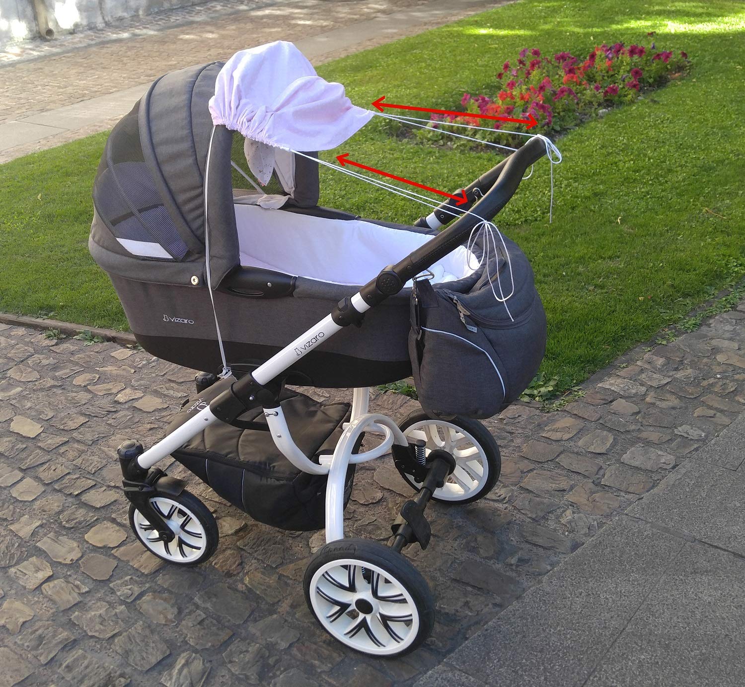 Vizaro - Telo Parasole passeggino universale per carrozzina - regolabile con protezione UV 50-100% Cotone - Premium UE - A Pois Bianchi