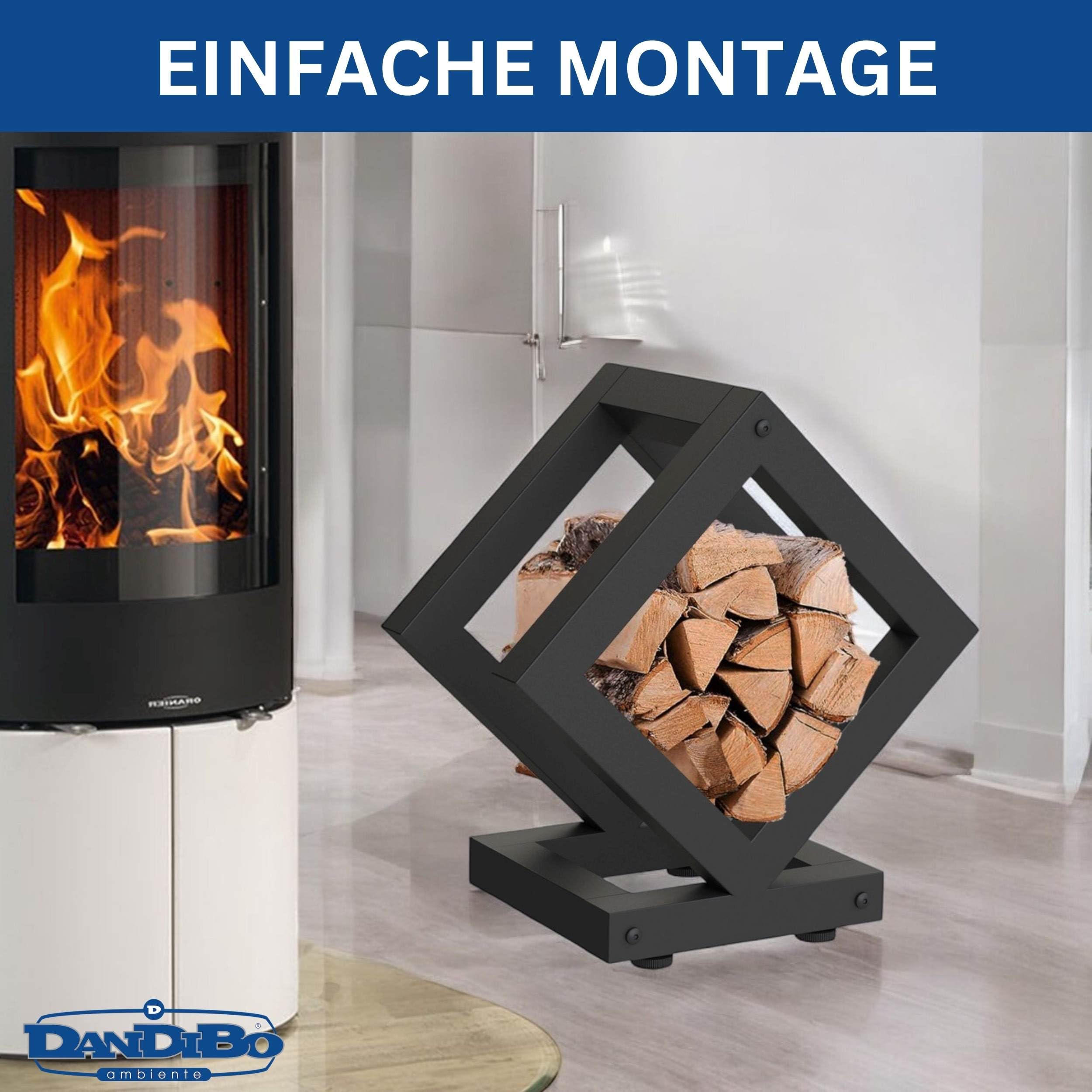 DanDiBo Estantería para leña interior de metal negro cubo cuadrado 96606 – Estantería para leña de madera