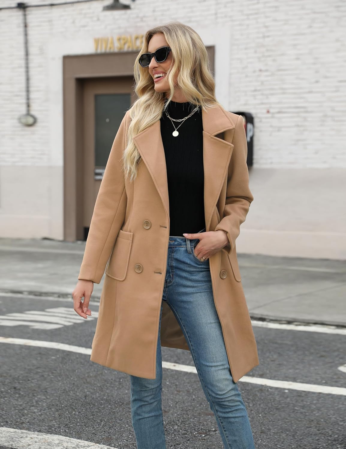 Bankeng Women Winter Wool Blend Camel Mid-Long Coat Notch Double-Breasted Lapel Jacket Outwear - Image 5