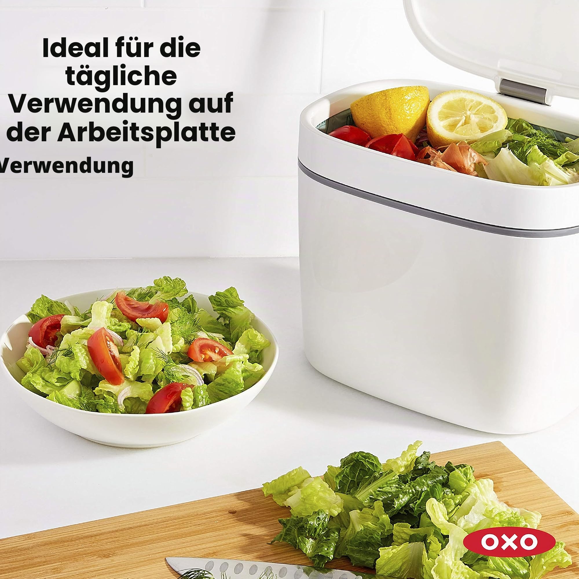 OXO Good Grips Komposteimer weiß – geruchsdichter Biomülleimer für die Küche – 6,6 l