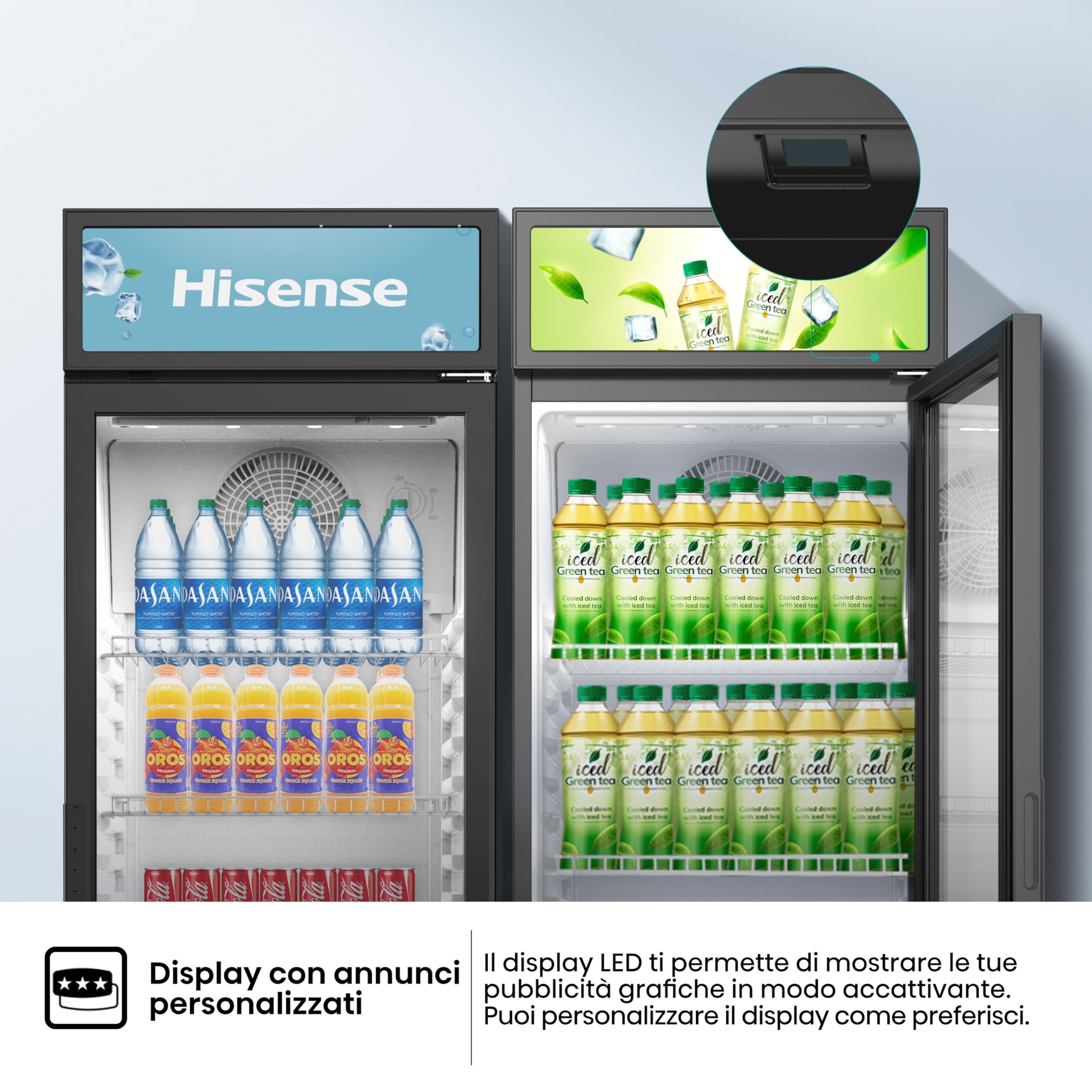 Hisense CPC271F7ABE Frigorifero commerciale bevande, 251 litri, Illuminazione interna LED, Display Personalizzabile, Ripiani Regolabili, Sistema di Autoevaporazione, Serratura, Classe E, Nero