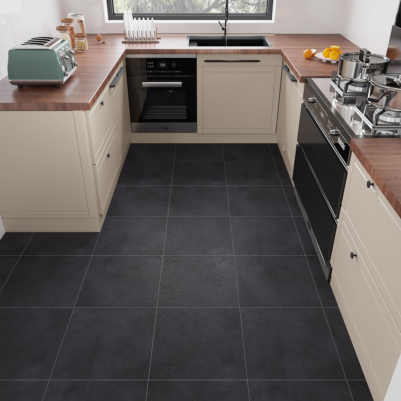 VaryStyle 12"x12" Black Peel and Stick Floor Tiles Black Concrete Vinyl Flooring Tiles Waterproof Bathroom Tile Removable Stick on Tile Vinyl Floor