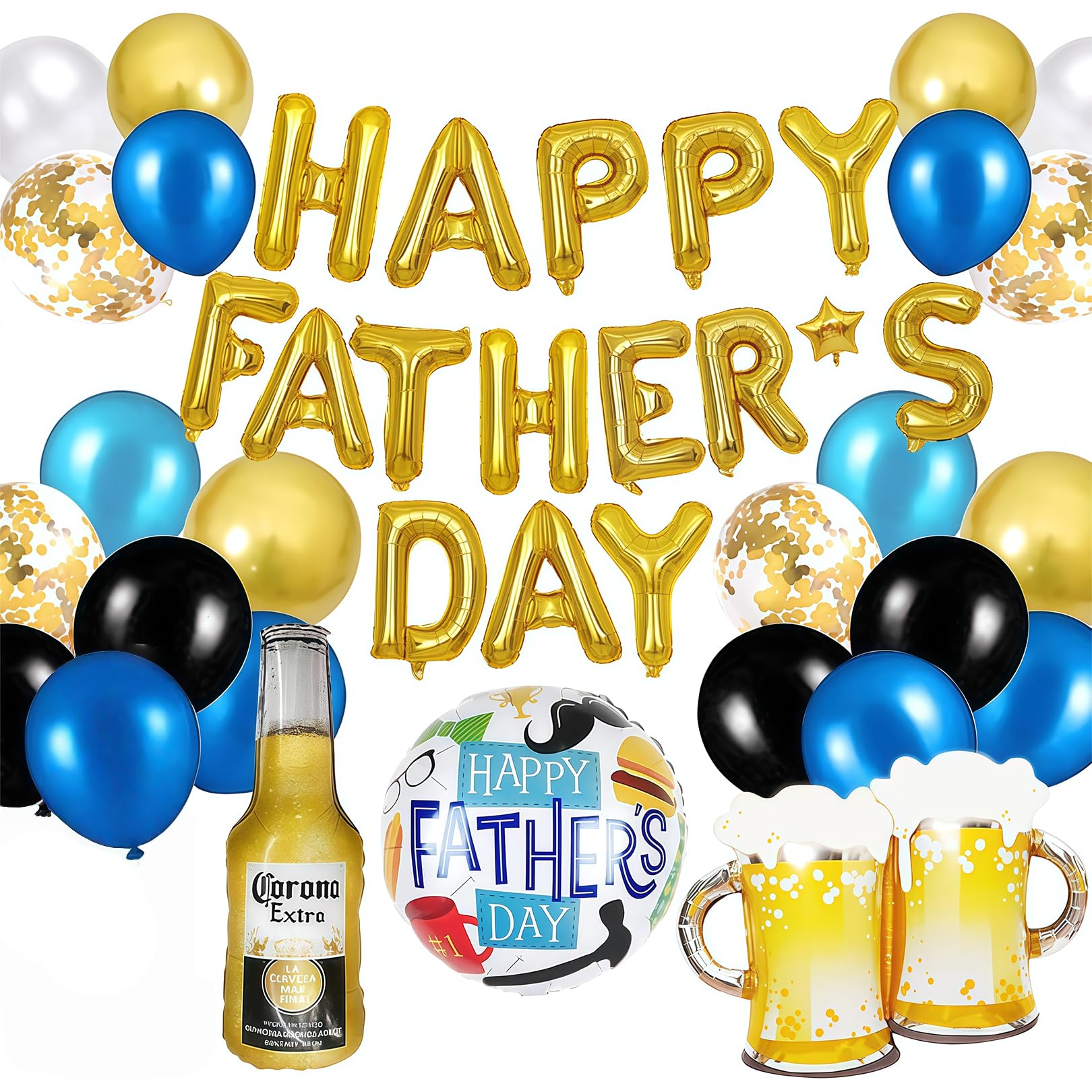 Fathers Day Decorations, 48PCS Balloons Kit with Happy Fathers Day Banner, Foil Letter Display, Beer Mug and Bottle Balloons, Fathers Day Party Decorations & Party Supplies for Dad