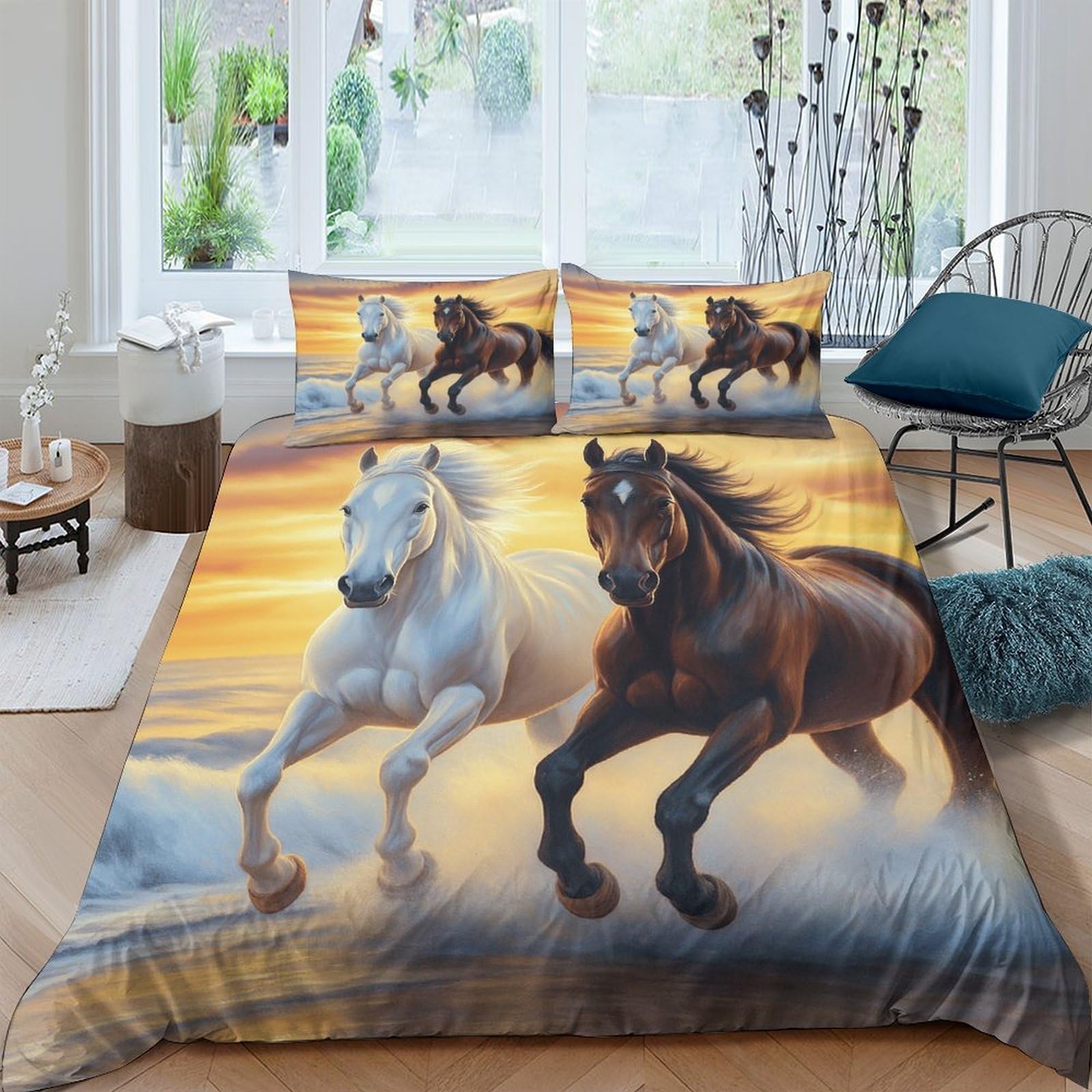 Ctjqhvkz Style-2 3D Printed Wild Horse Fitted Sheet Microfiber Sunset Beach Mattress Cover For Bedroom Dorm Bed Decor Easy Care Single（135X200cm）