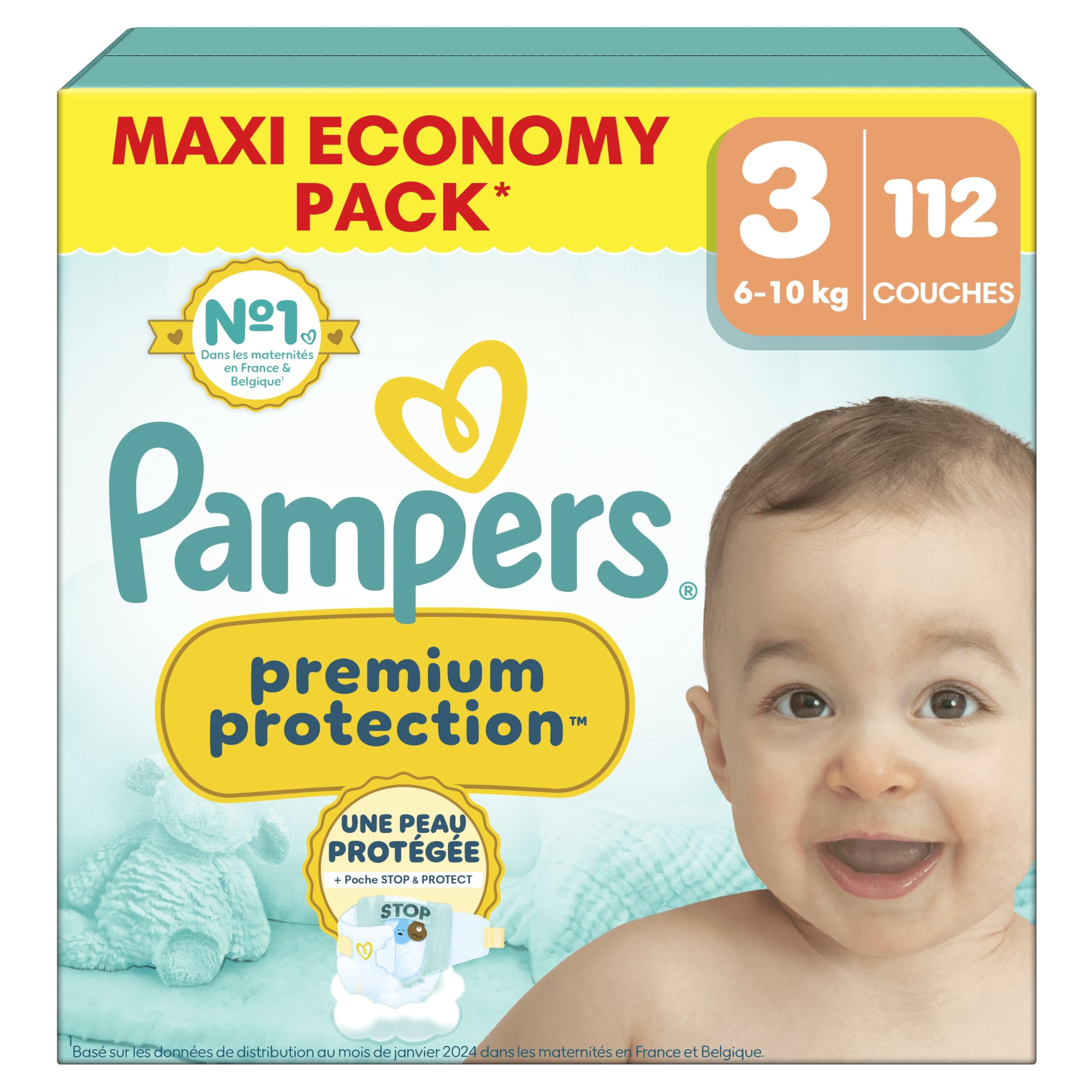 Pampers Premium Protection Taille 3, 112 Couches, 6kg-10kg, Double Protection Pour La Peau Et Contre Les Fuites