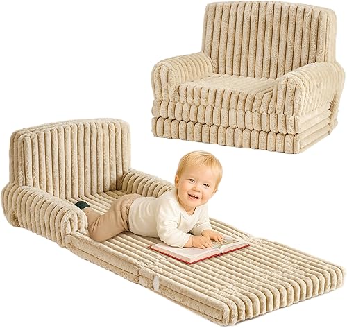 Miniatura 9 de ROBUD Silla para niños pequeños, sofá plegable 2 en 1, sofá convertible a tumbona con felpa de conejo, esponja de alta resistencia y bolsillo de