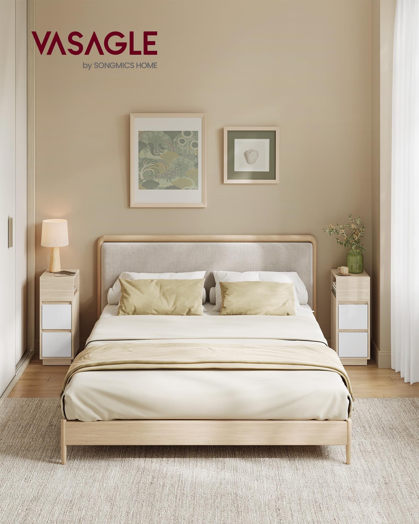 VASAGLE KAILYN Collection - Table de Chevet Étroite, Lot de 2, Table d’Appoint, 2 Tiroirs, Compartiment Ouvert, Montage à Gauche ou à Droite, Chambre, Moderne, Beige Naturel et Blanc Nuage LET856N01V1