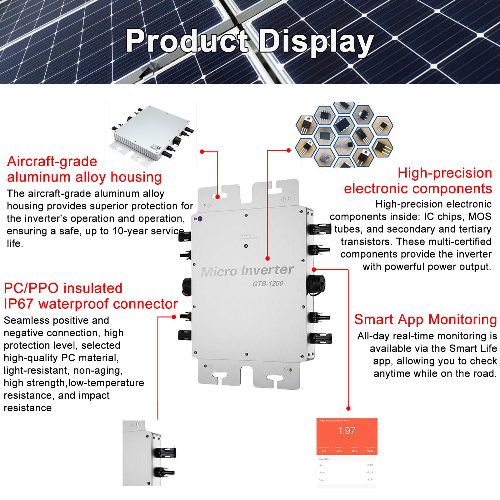 Inversor Solar Mppt De 2000 W, 2400 W Y 2800 W, CC 24 V-60 V A Ca 120/230 V, Conectado A La Red 2000W-Grey