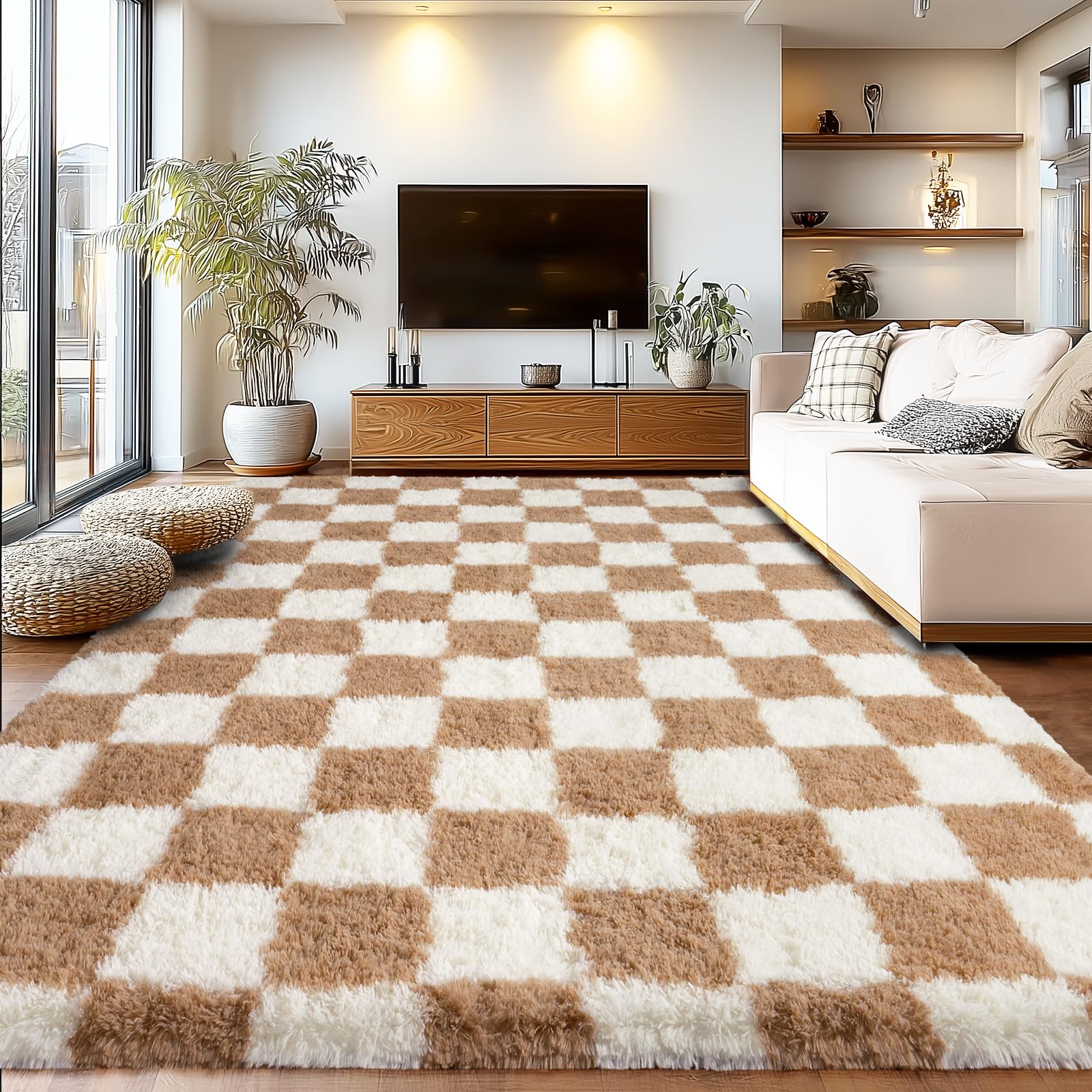 Area Rugs for Living Room, Checkered Shaggy Carpet Non-Slip Fuzzy Rug8x10ft