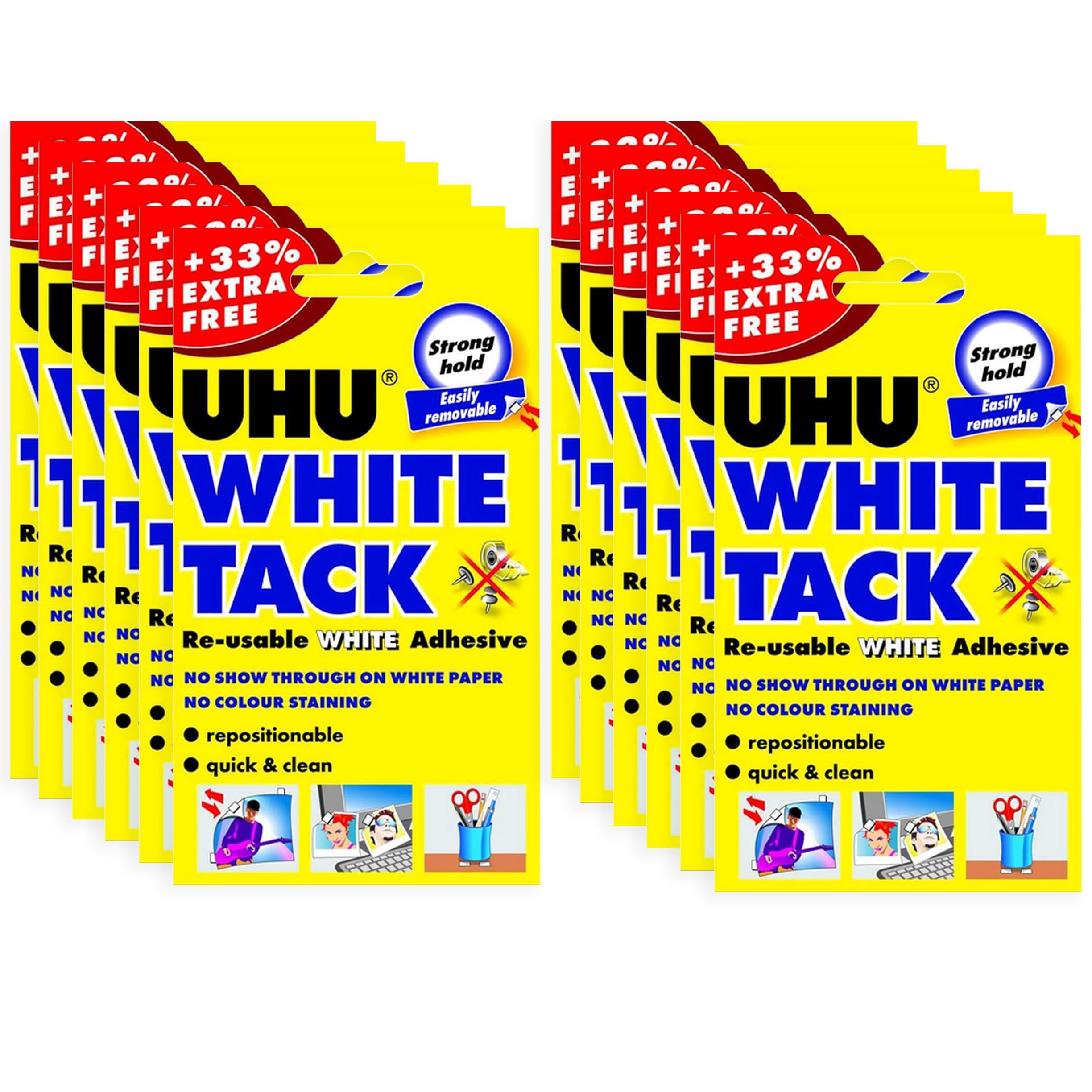 UHU White Tack – Masilla adhesiva reutilizable – 12 unidades