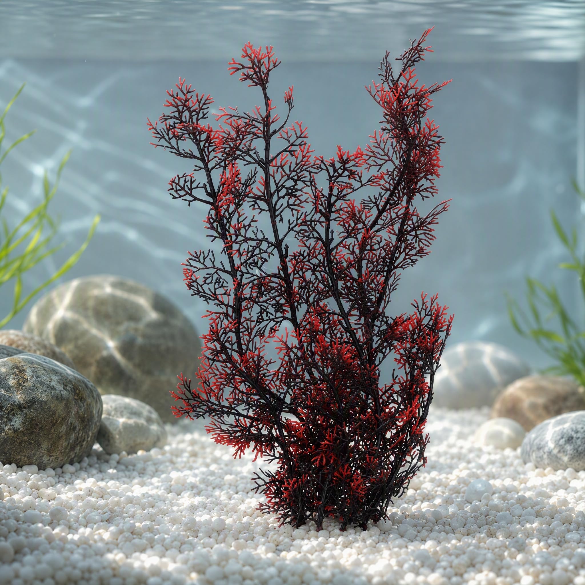 Kunststoff-Kunstpflanze für Aquarien, Dekoration, Unterwasser-Ornament für alle Fische, Versteck, Hütte, Schwarz, Rot, 2 Stück