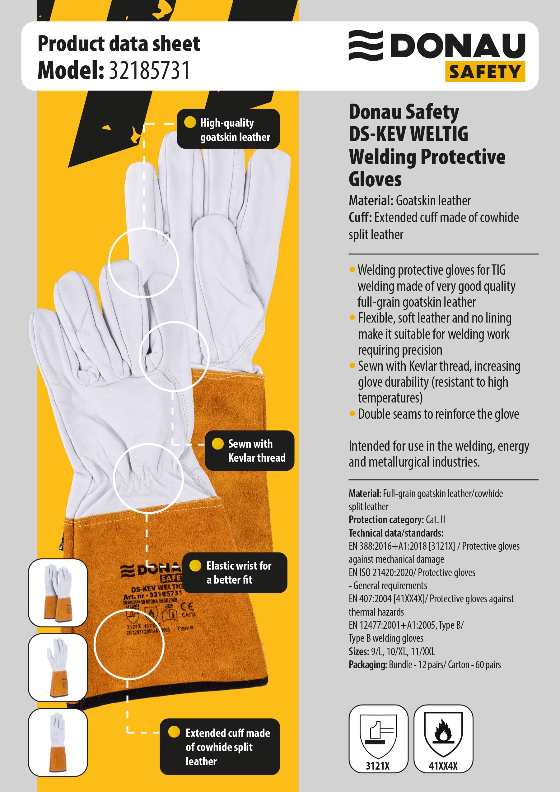 DONAU SAFETY Rękawica spawalnicza ze skóry koziej do spawania TIG/Kevlar/rozmiar 11/XXL, 1 para/Softouch, bardzo miękkie i przyjemne rękawice robocze, skórzane/rękawice ochronne