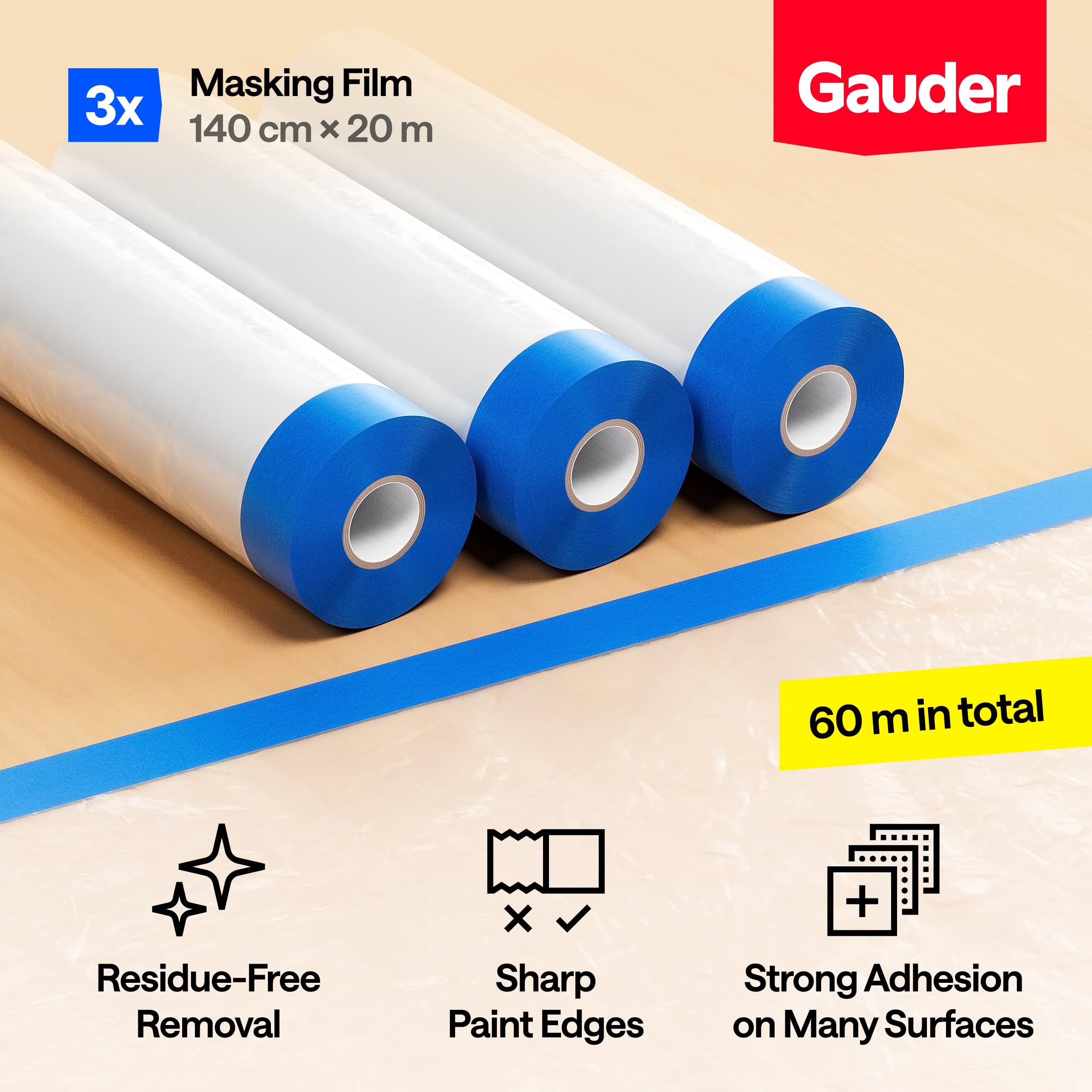 GAUDER 3 Rolls Pre-Taped Masking Film (140 cm x 20 m), Blue, 3 x 1.4 m x 20 m - Image 2