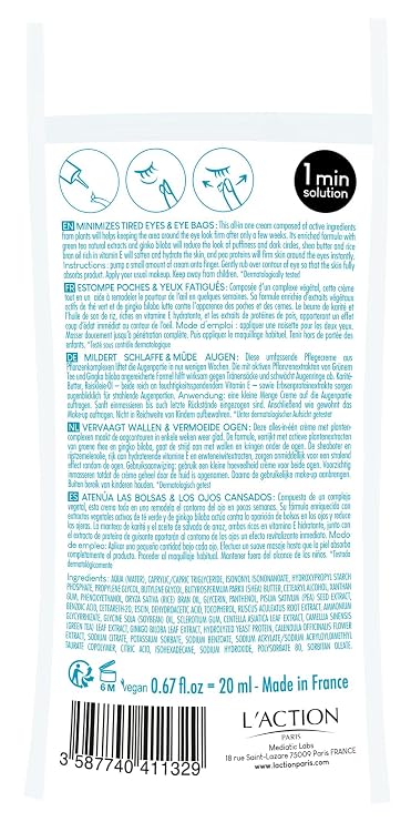 L'Action Paris All In One Eye Bag Minimiser, Natural Plant Based Cream Minimises Tired Skin and Eye Bags, Vitamin E Softens and Hydrates, Youthful Complexion, 20ml