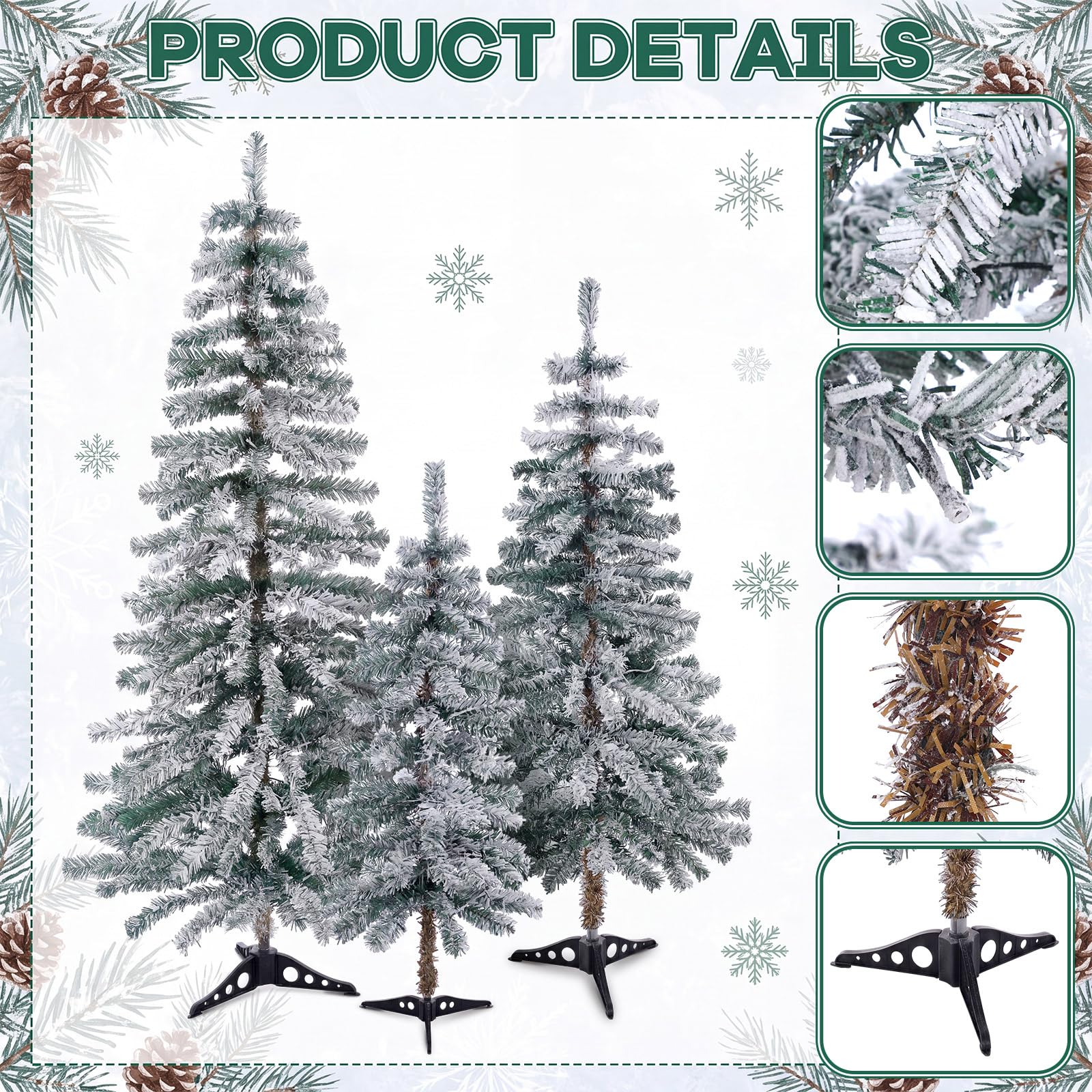 Cinnvoice Lot de 3 sapins de Noël artificiels naturels floqués avec lumières – Pin de Noël floqué avec branches pliables pour intérieur et extérieur (arbre alpin, 0,9 m, 1,2 m)