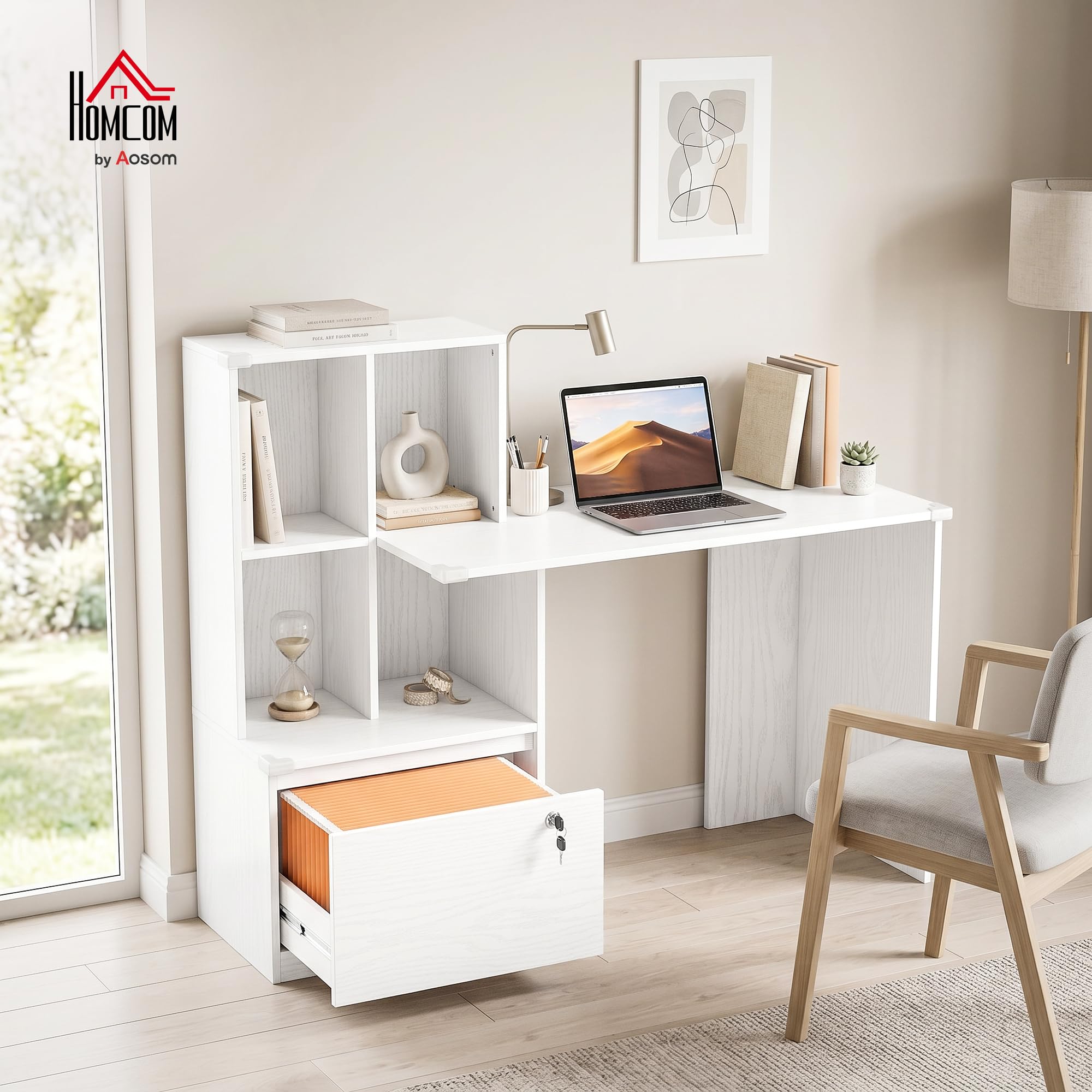 HOMCOM Scrivania 126 cm con cassetti bloccabili, grana del legno bianca | Scrivania per home office, libreria, scrivania, per camera da letto, studio
