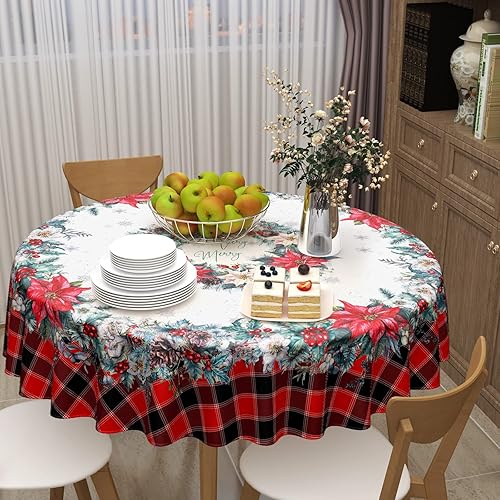 Miniatura 7 de Mantel de Navidad de Pascua redondo de 60 pulgadas, diseño de copos de nieve de búfalo rojo, lavable, resistente a las manchas, mantel de poliéster