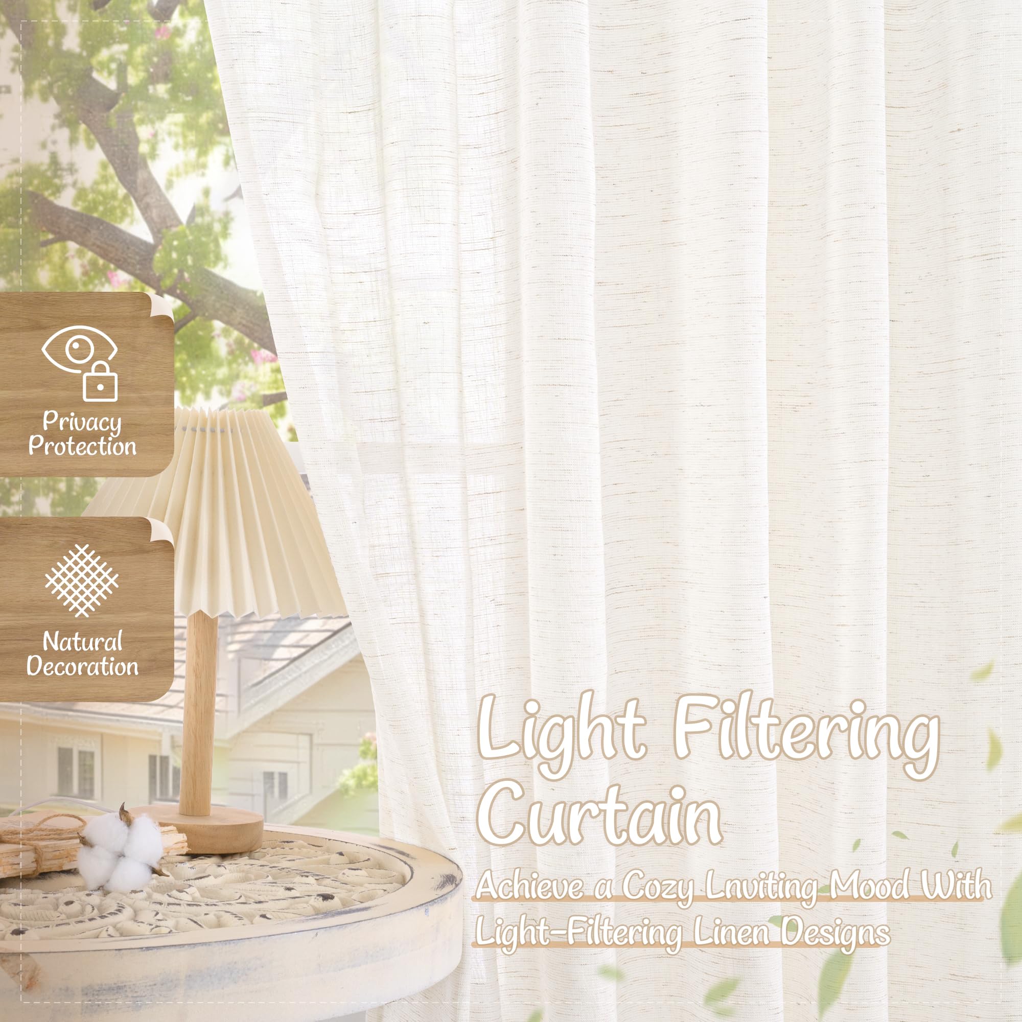 LAMIT Natural Linen Semi Sheer Curtains 84 Inches Long 2 Panels, Living Room Linen Textured Light Filtering Drapes Back Tab and Rod Pocket Neutral Window Panels for Bedroom/Sliding Door, 52 x 84 Inch — view 5