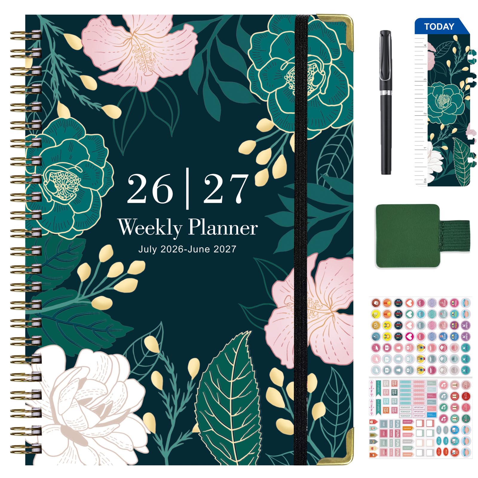 Academic Diary 2026 2027，July 2026 to June 2027 Planner, Weekly & Monthly A5 Hardcover Planner with Pen, Stickers,Inner Pocket, Elastic Band for Teacher, Student, Work | BSOFSTUF (green)