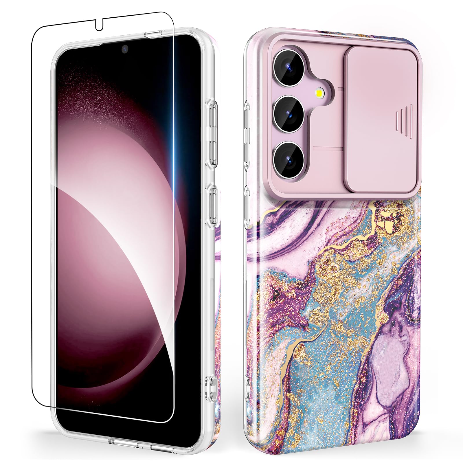 SHEDEER for Samsung S25 Case with Slide Camera Cover + Screen Protector, Samsung Galaxy S25 Case Anti-Yellowing Chic Pattern, Shockproof Anti-Scratch Thin Phone Cover S25 6.2'', River Purple