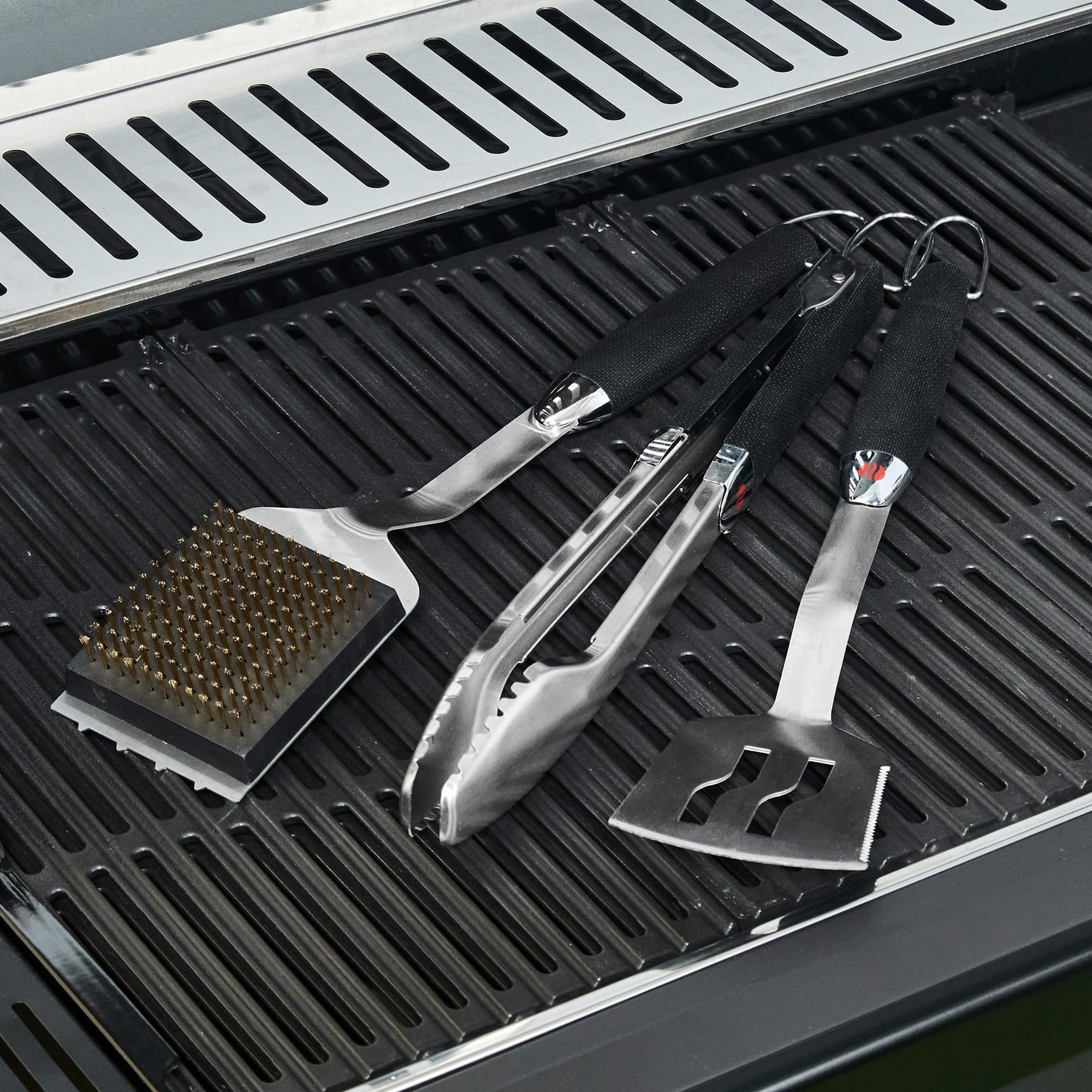 Grillstream Lot de 3 accessoires pour barbecue : spatule, pince et brosse de nettoyage avec poignées faciles à prendre en main